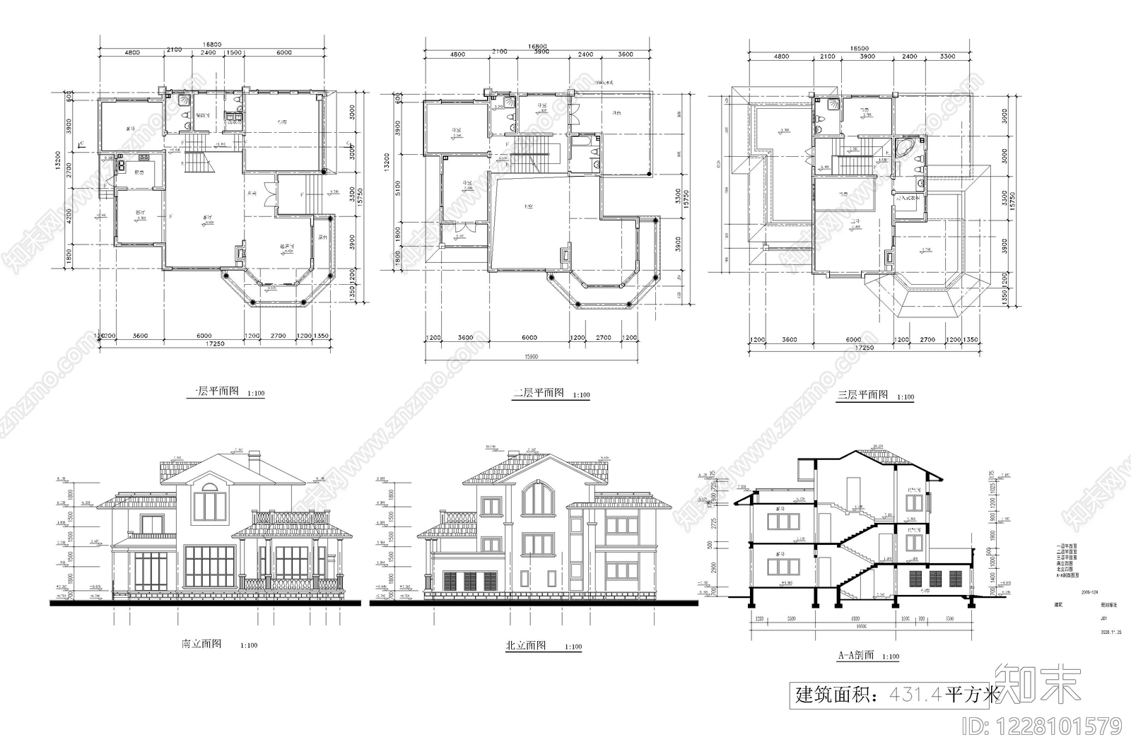 别墅建筑cad施工图下载【ID:1228101579】