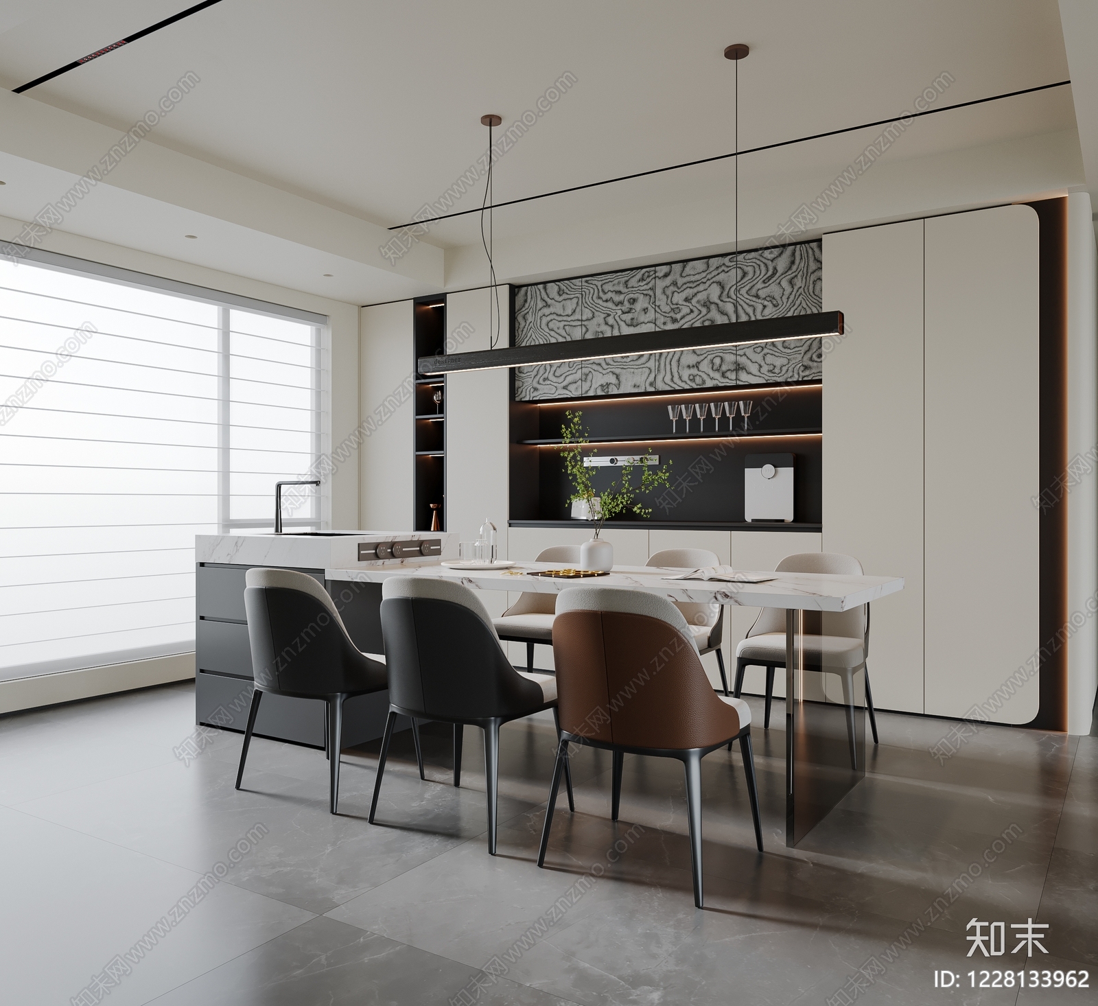 意式极简岛台餐厅SU模型下载【ID:1228133962】