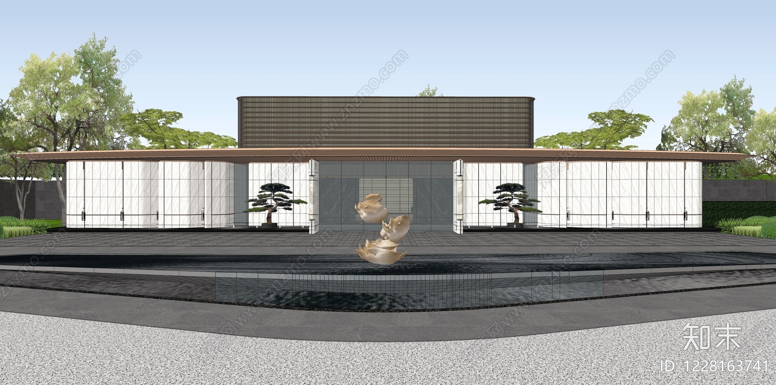 新中式景观售楼处建筑SU模型下载【ID:1228163741】