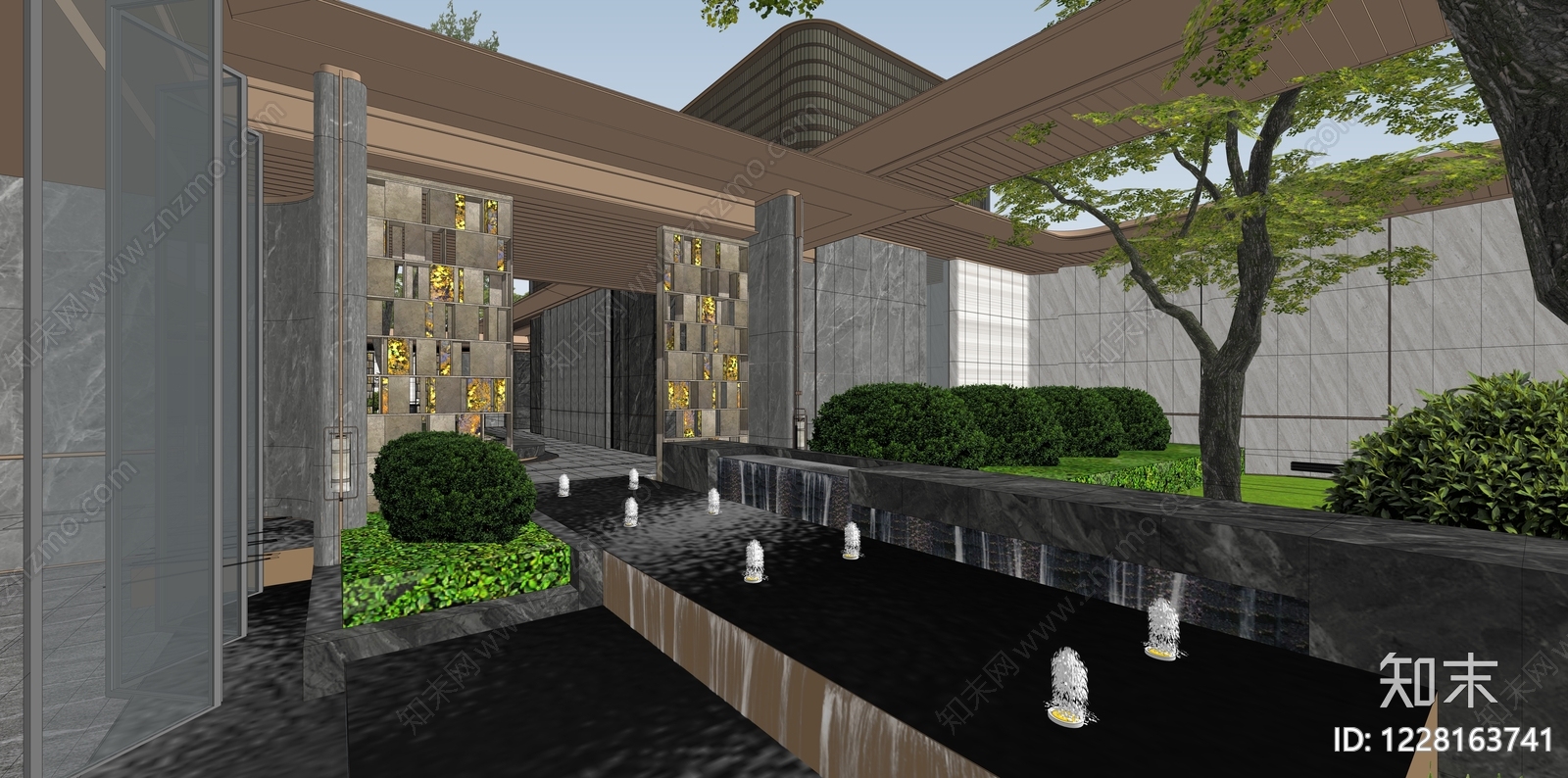新中式景观售楼处建筑SU模型下载【ID:1228163741】