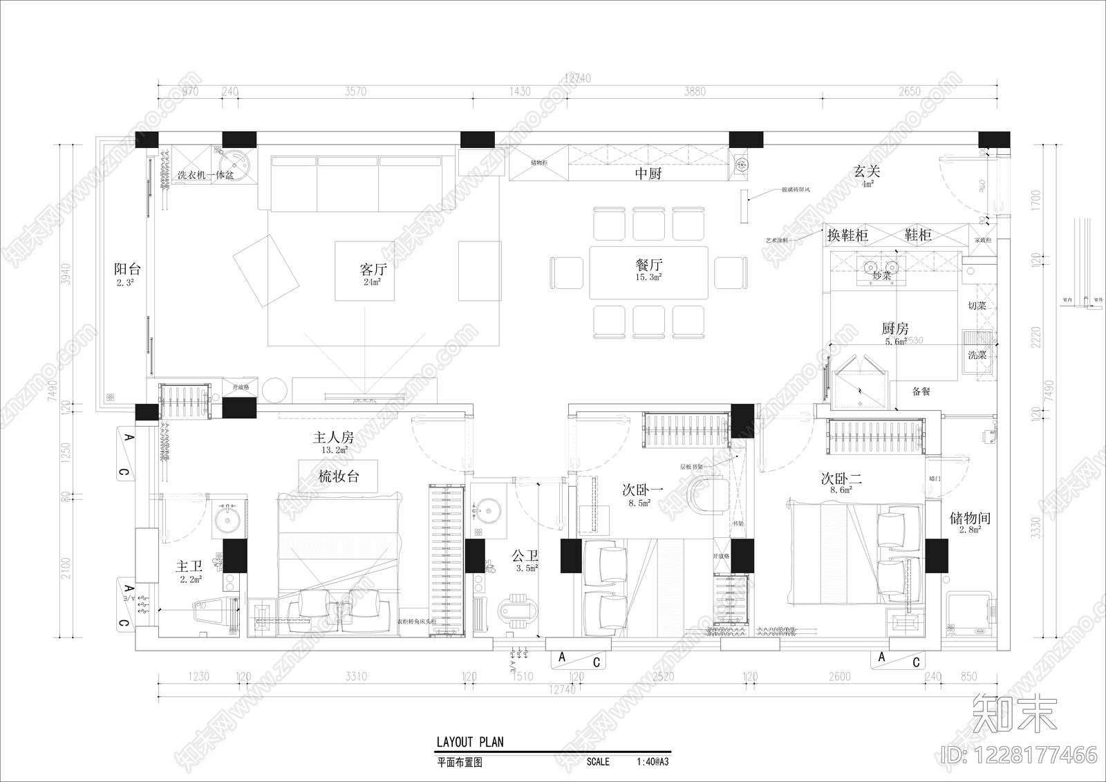 小户型平层cad施工图下载【ID:1228177466】