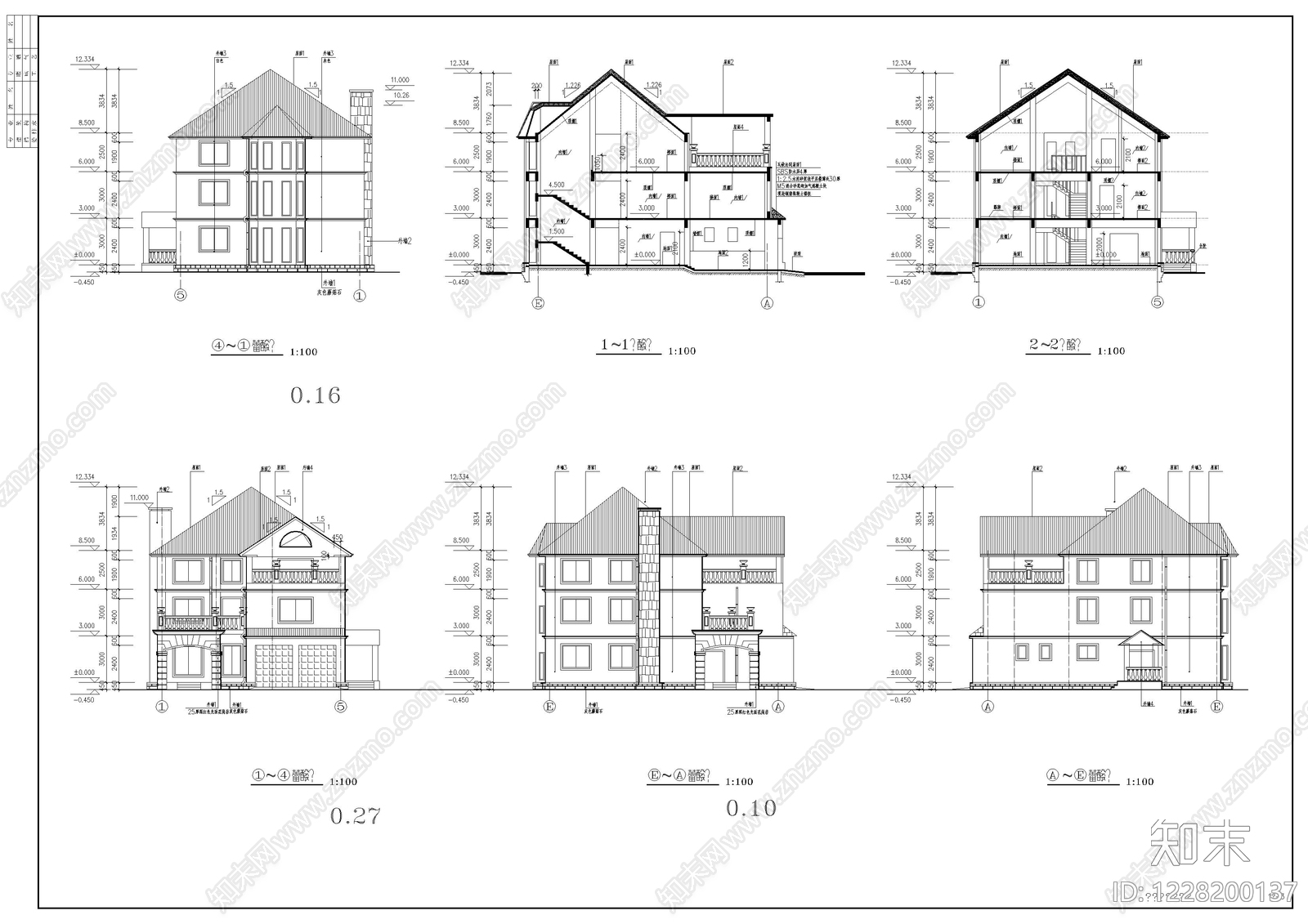 别墅建筑cad施工图下载【ID:1228200137】