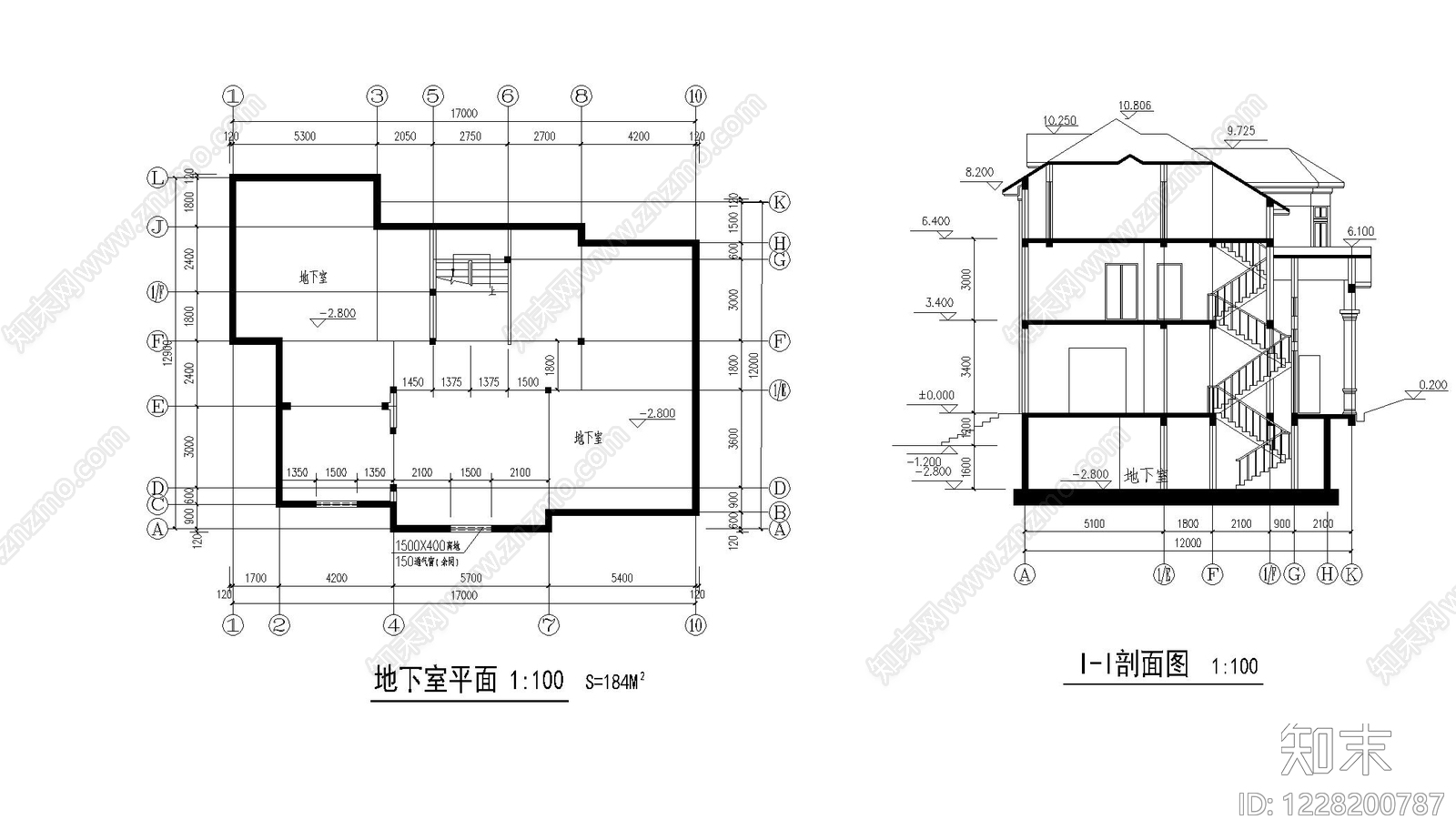 别墅建筑cad施工图下载【ID:1228200787】