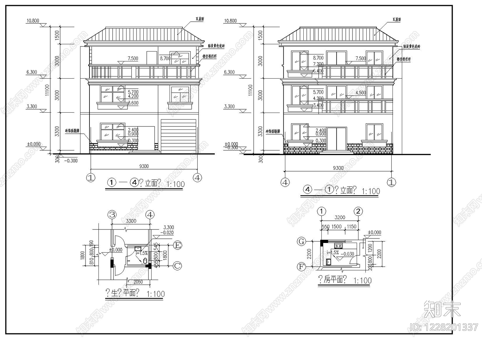 别墅建筑cad施工图下载【ID:1228201337】