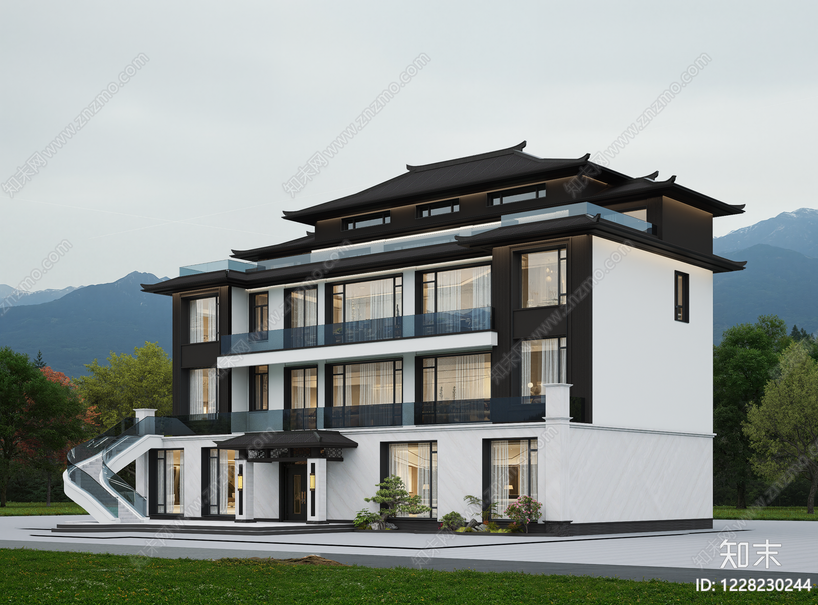 新中式独栋别墅SU模型下载【ID:1228230244】