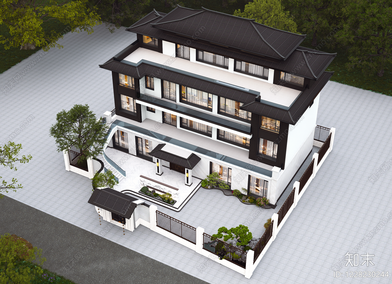 新中式独栋别墅SU模型下载【ID:1228230244】