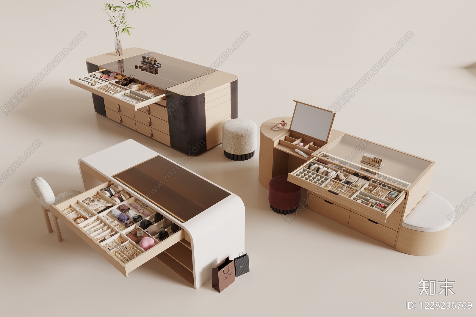 奶油风化妆品展台3D模型渲染效果图