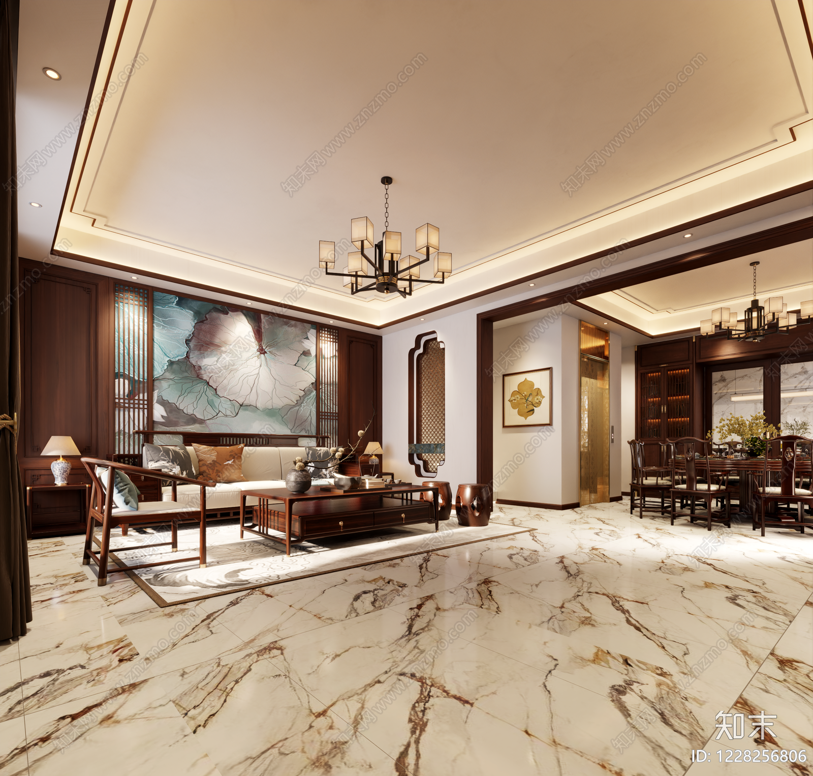 新中式别墅客厅3D模型下载【ID:1228256806】