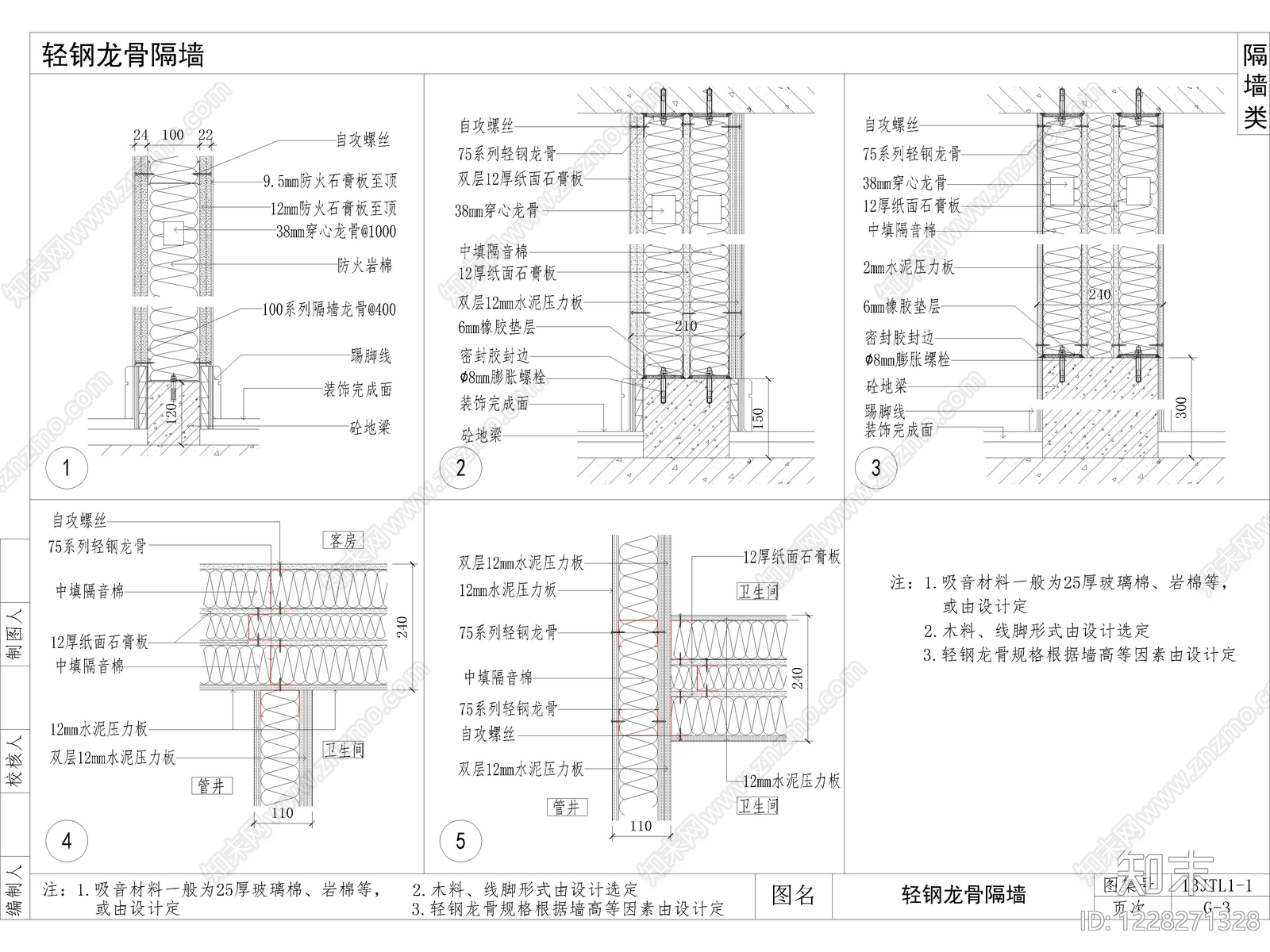 10套轻钢龙骨隔墙通用大样图CAD节点详图cad施工图下载【ID:1228271328】