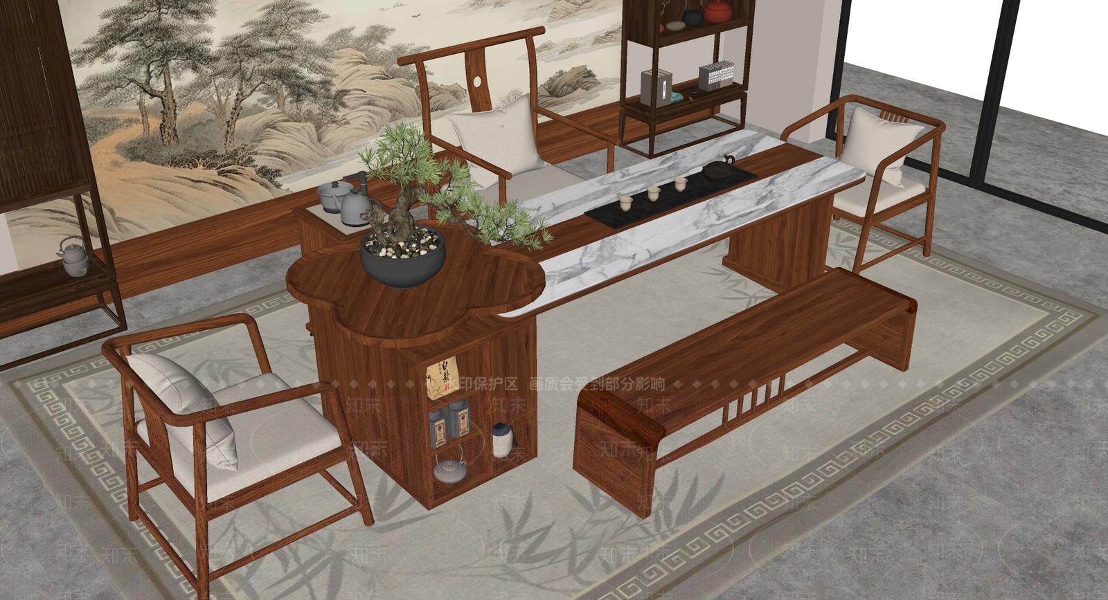 新中式茶桌椅SU模型下载【ID:1228391979】