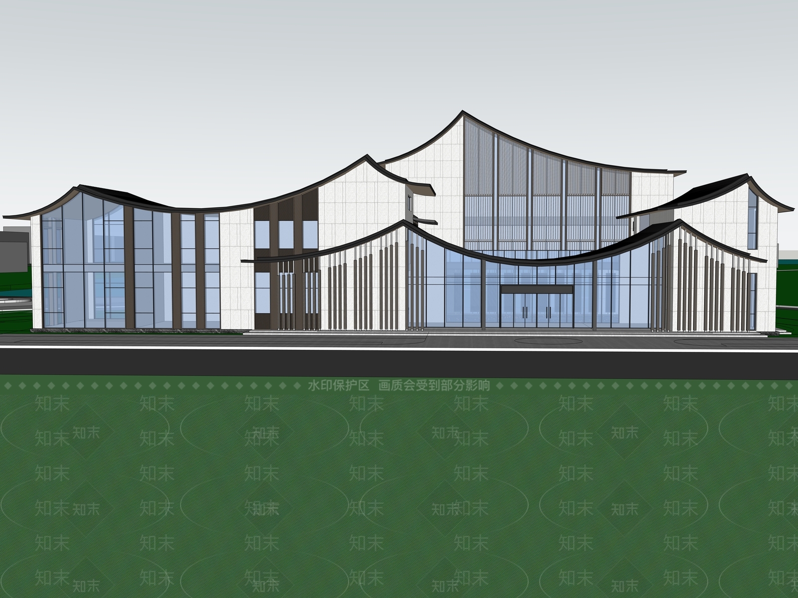 新中式展览馆建筑SU模型下载【ID:1228408750】