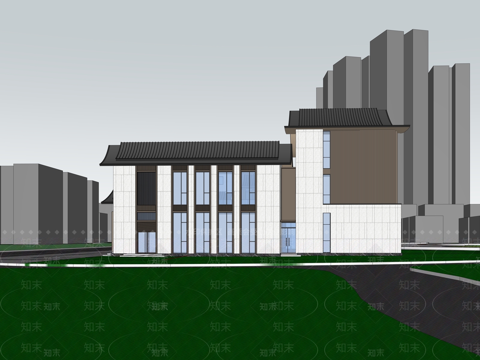 新中式展览馆建筑SU模型下载【ID:1228408750】