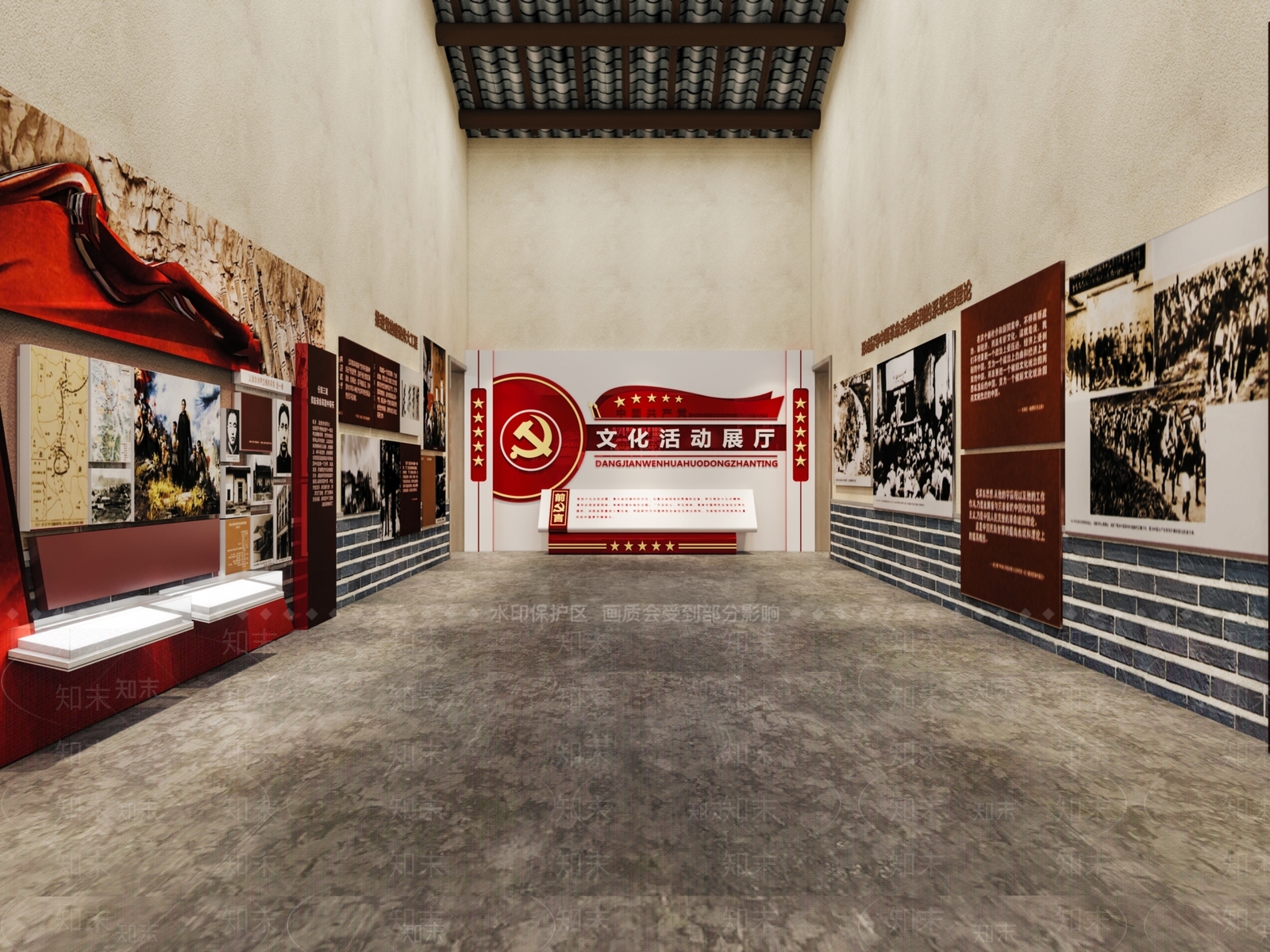 新中式党建展厅3D模型渲染效果图