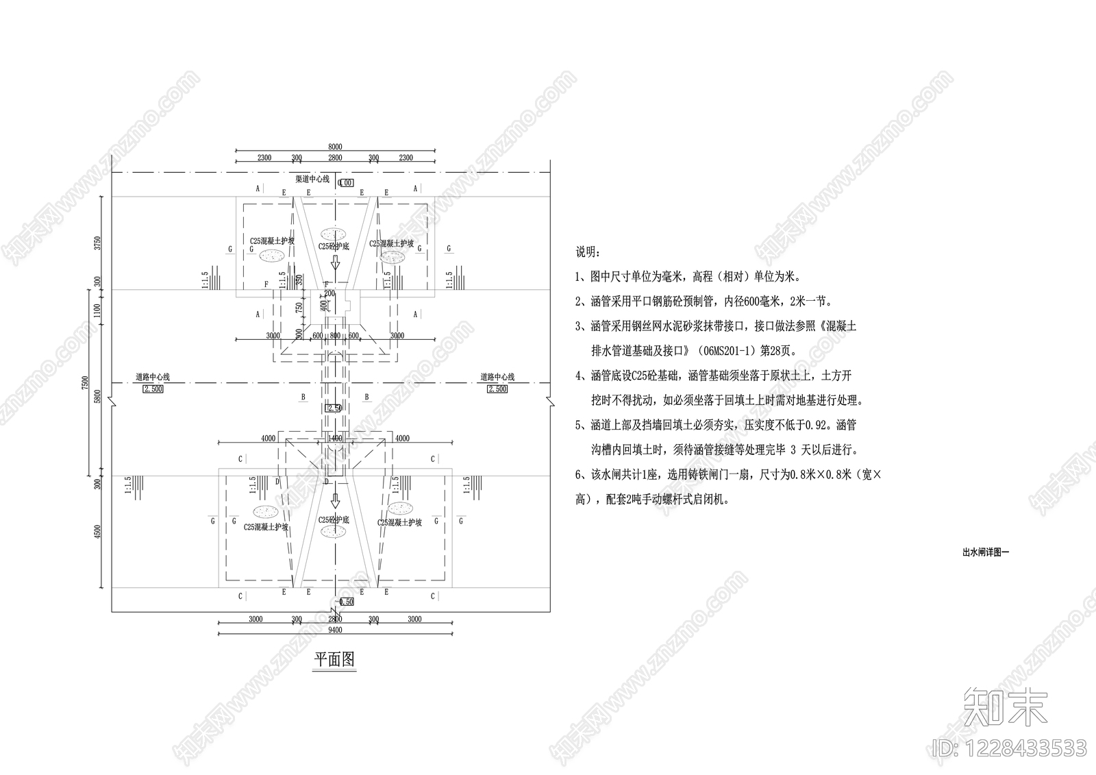 进水闸平面图cad施工图下载【ID:1228433533】