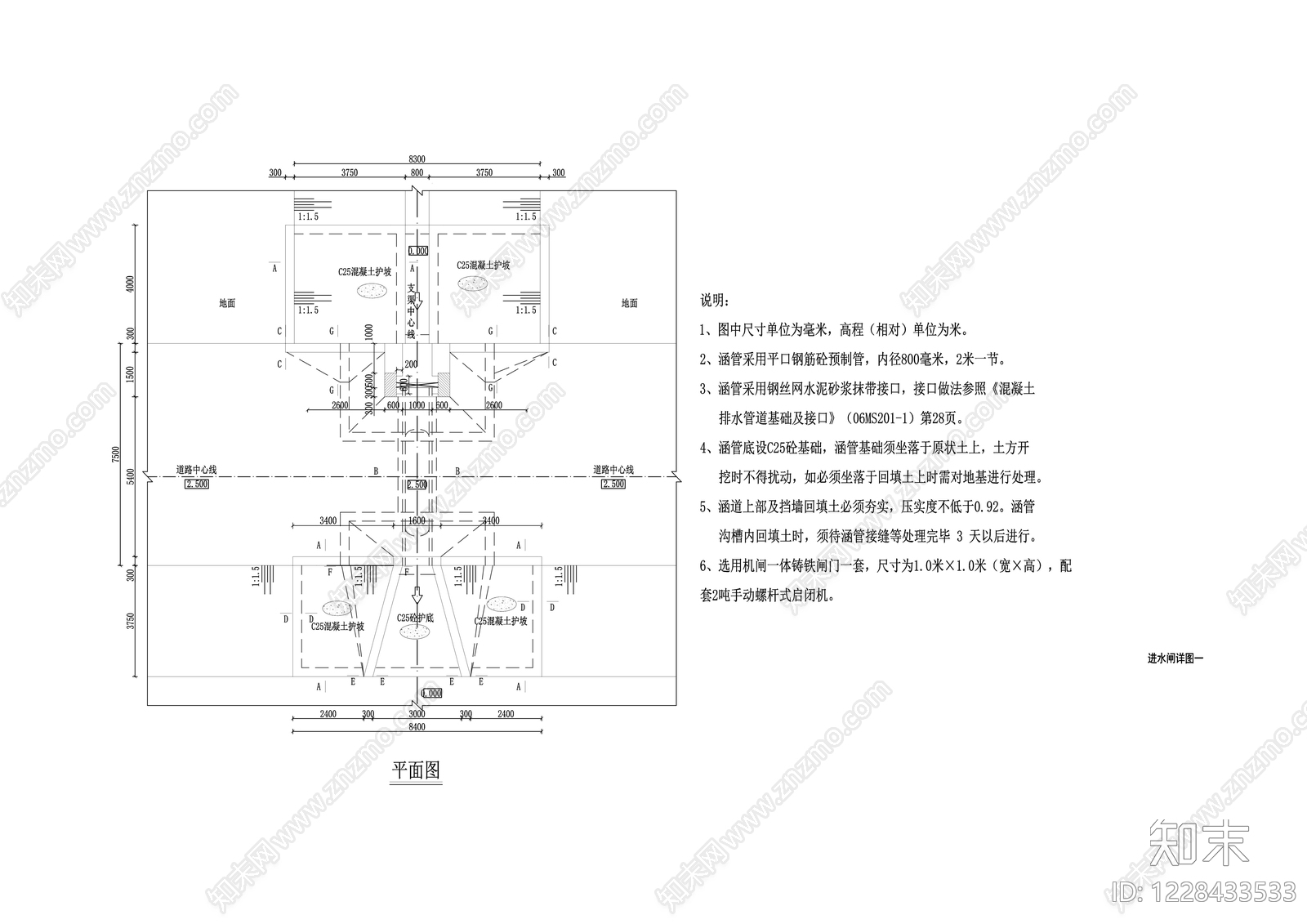 进水闸平面图cad施工图下载【ID:1228433533】