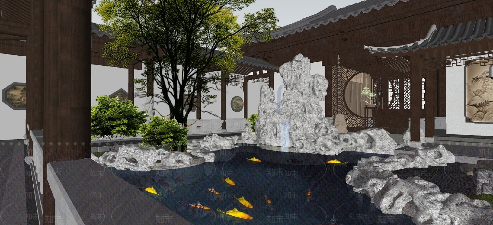 传统园林别墅庭院SU模型下载【ID:1228451623】
