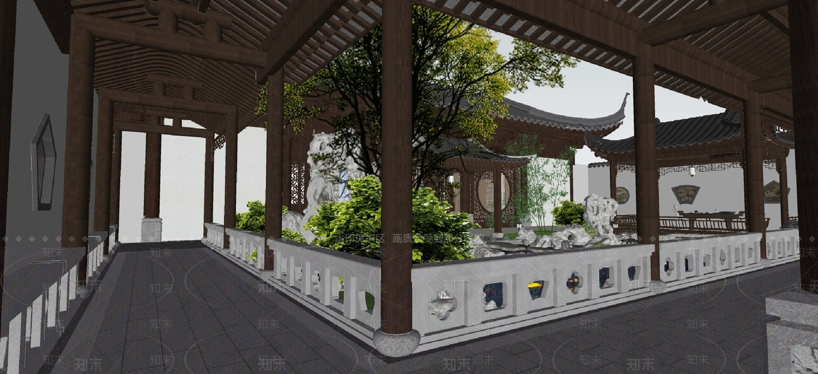 传统园林别墅庭院SU模型下载【ID:1228451623】
