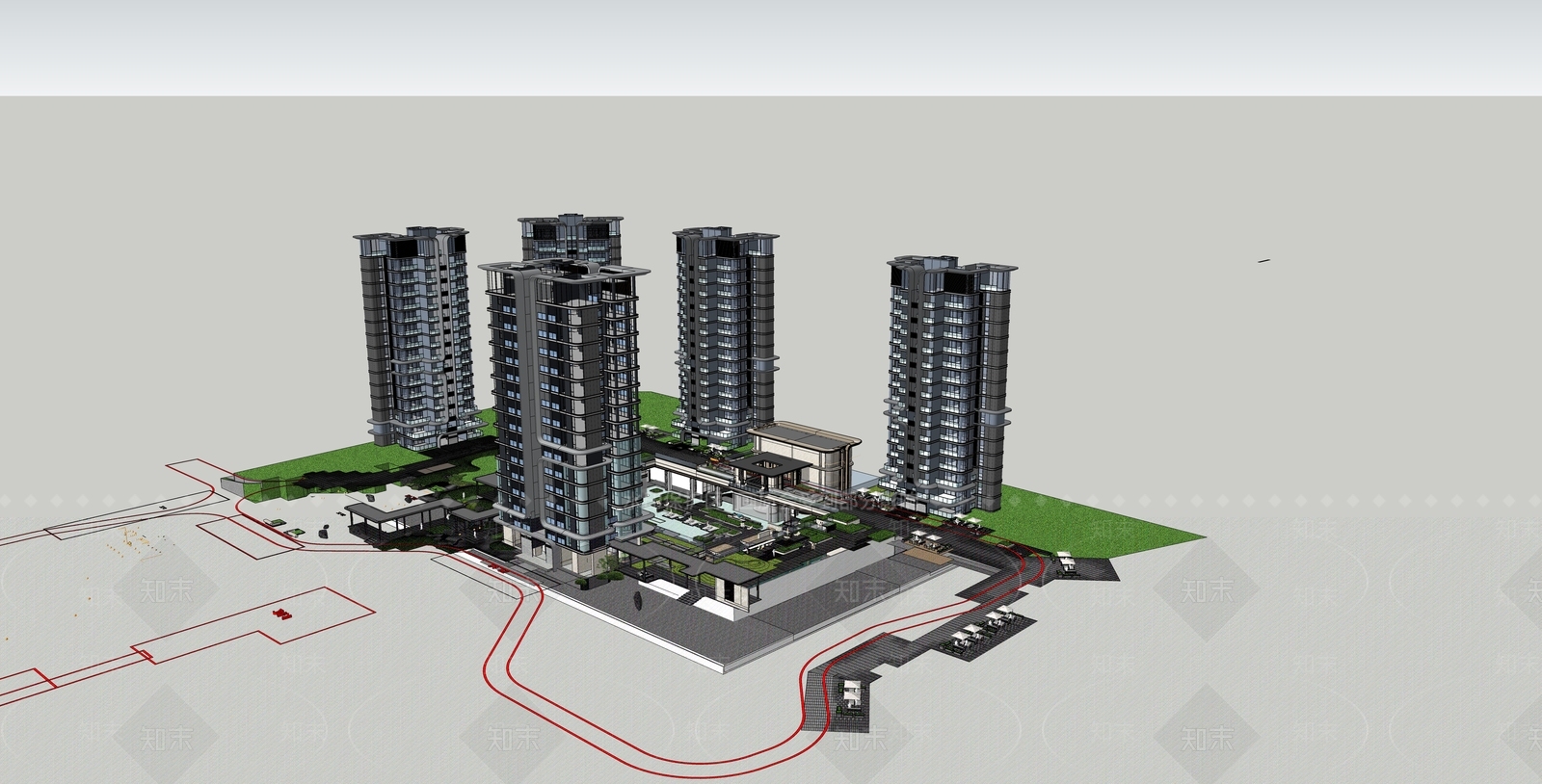 现代主义小区建筑SU模型下载【ID:1228469887】