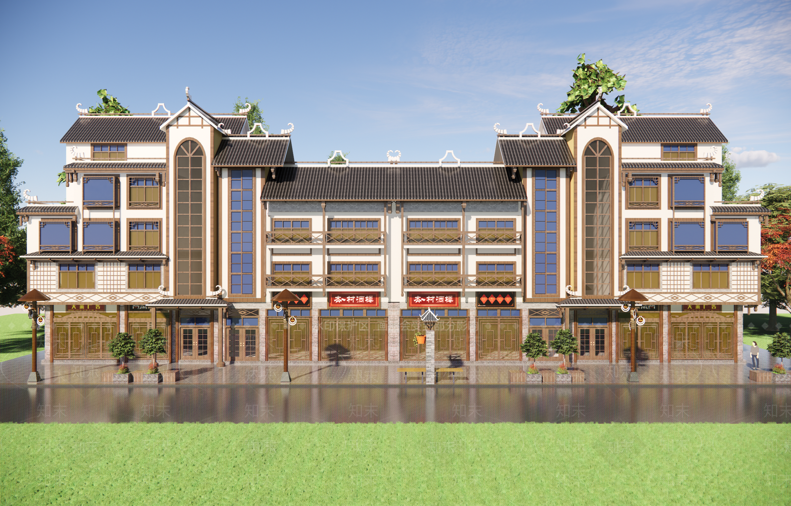 新中式商业街SU模型下载【ID:1228492046】