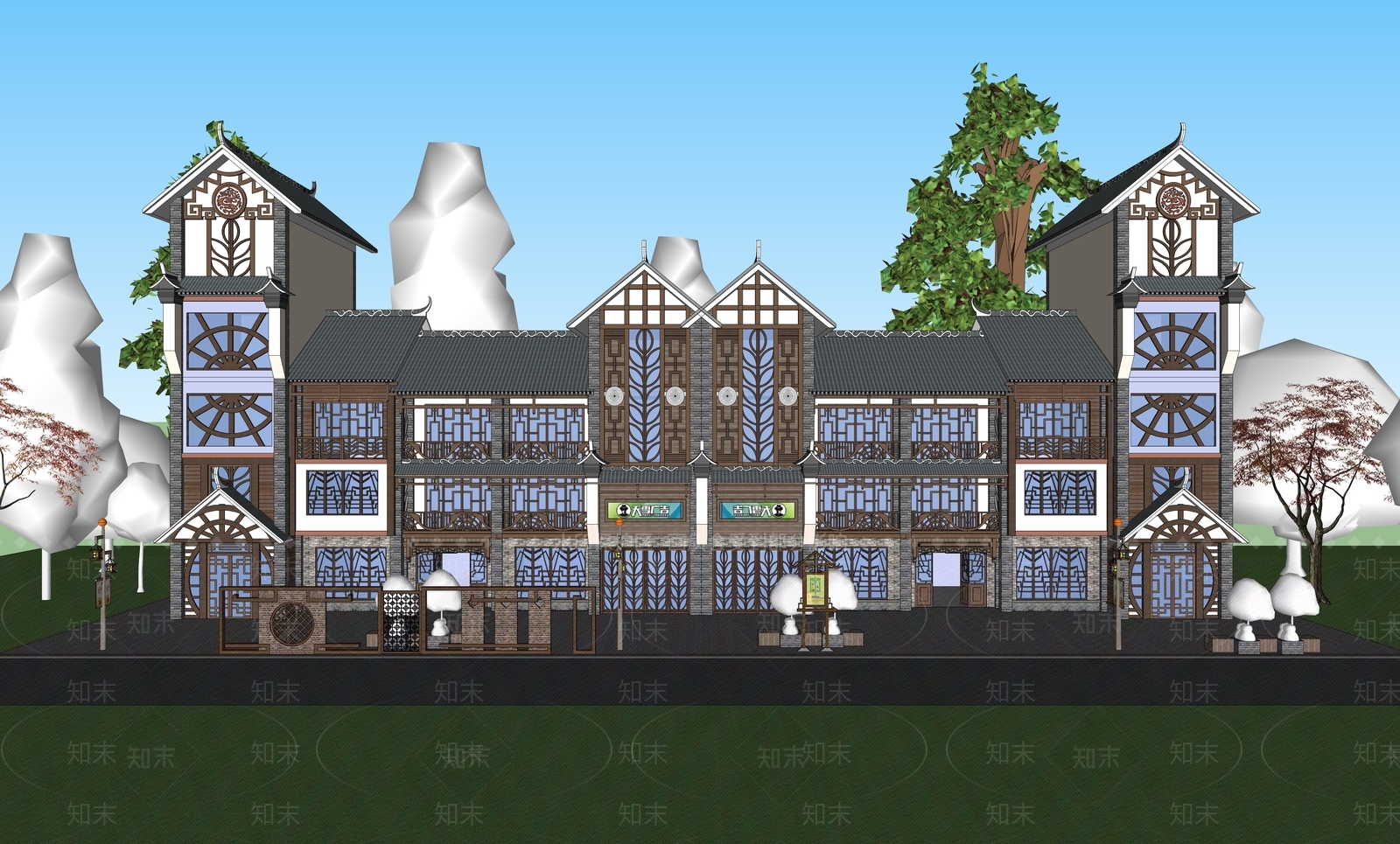 新中式商业街SU模型下载【ID:1228494031】