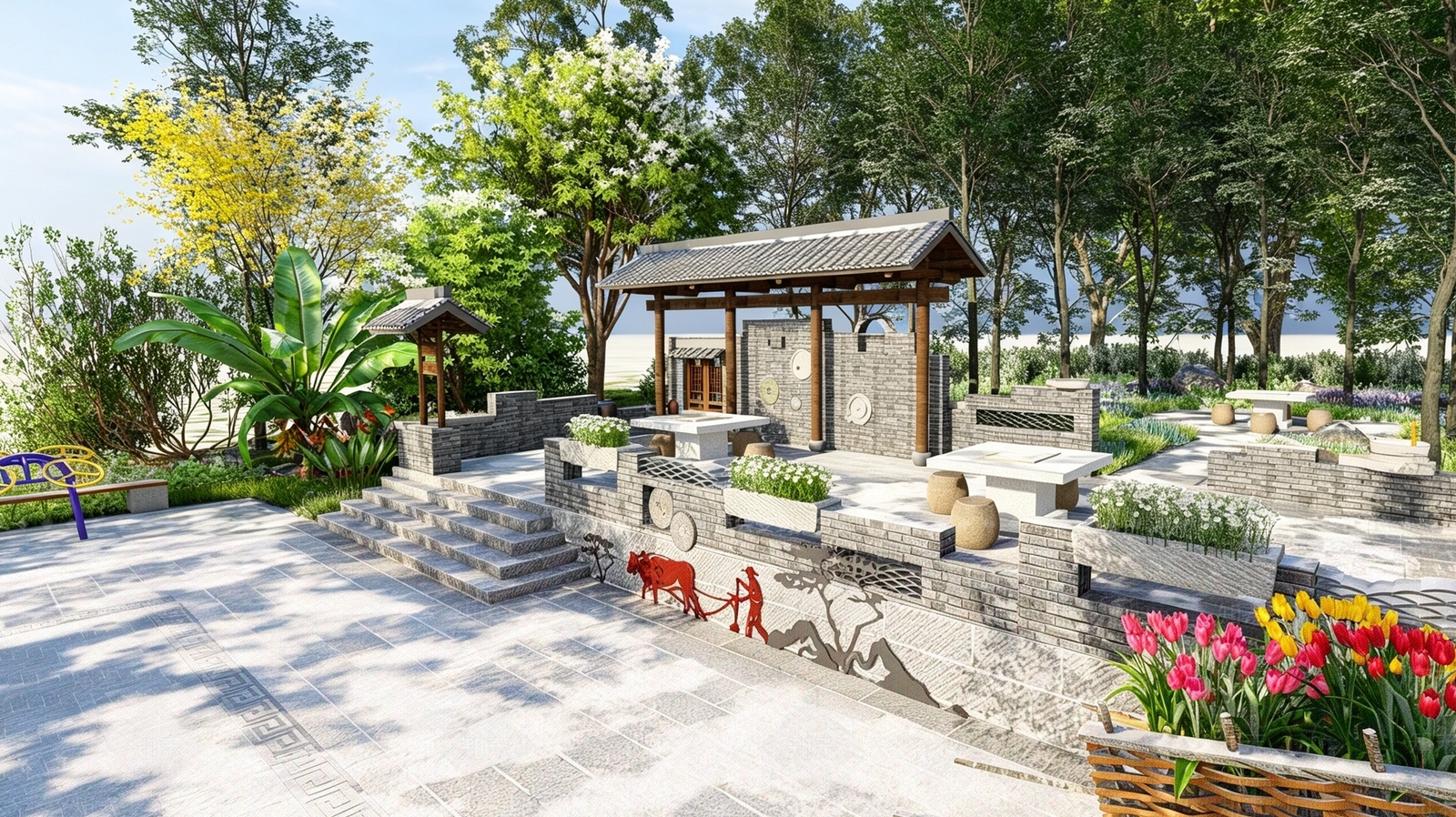 新中式景观乡村公园SU模型下载【ID:1228530326】