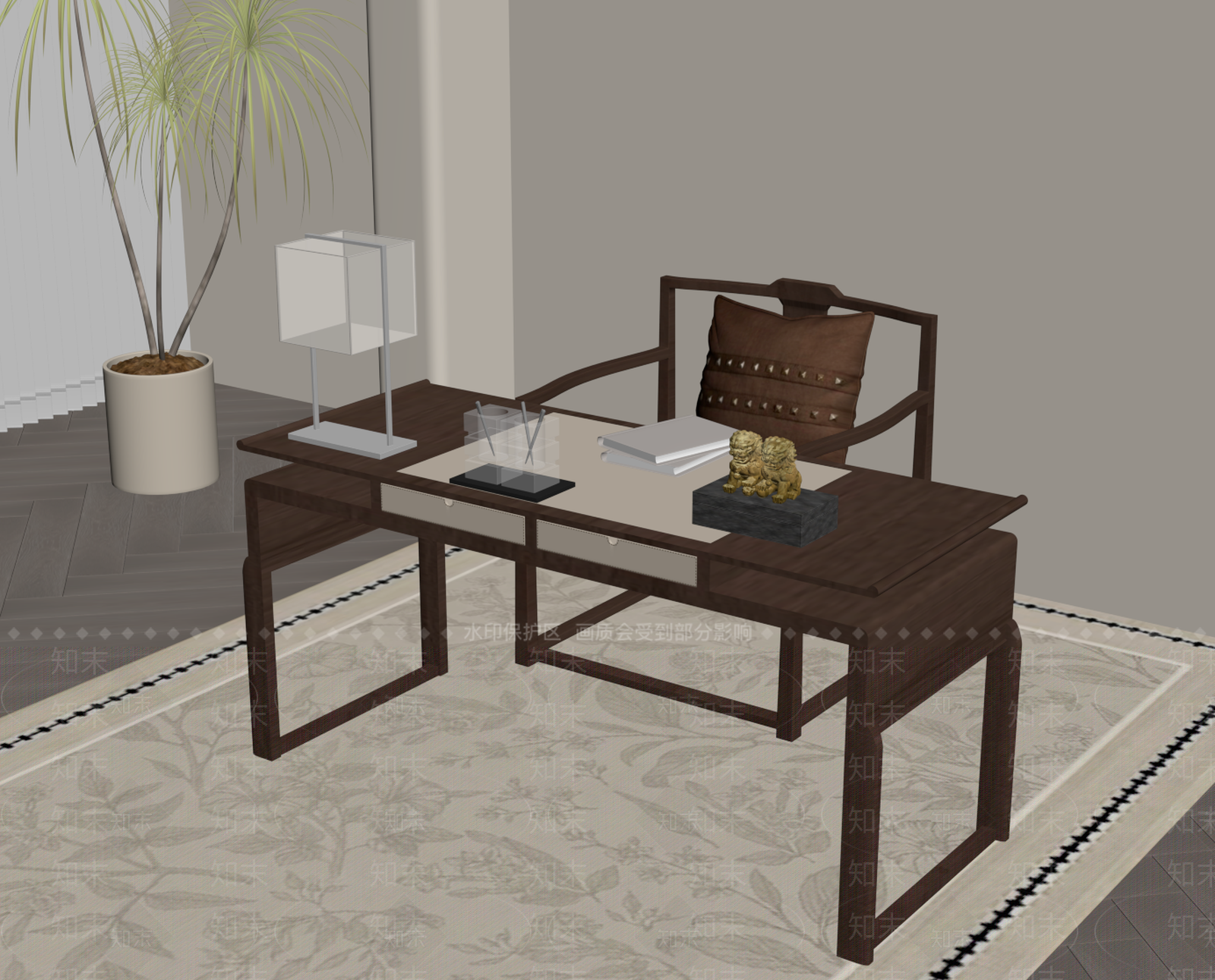 新中式书桌椅SU模型下载【ID:1228530604】
