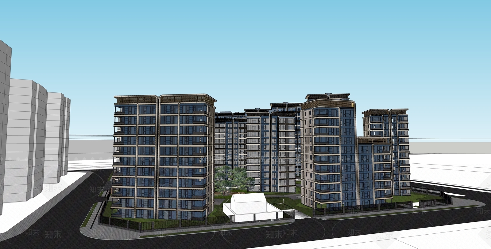 新中式小区建筑SU模型下载【ID:1228556725】