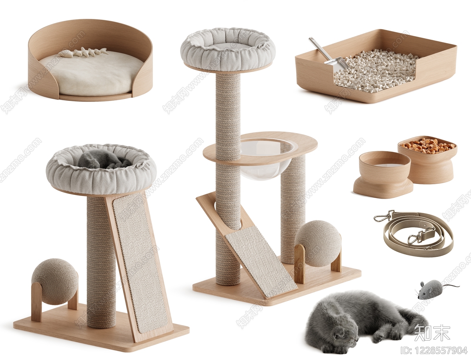 原木风宠物用品3D模型下载【ID:1228557904】