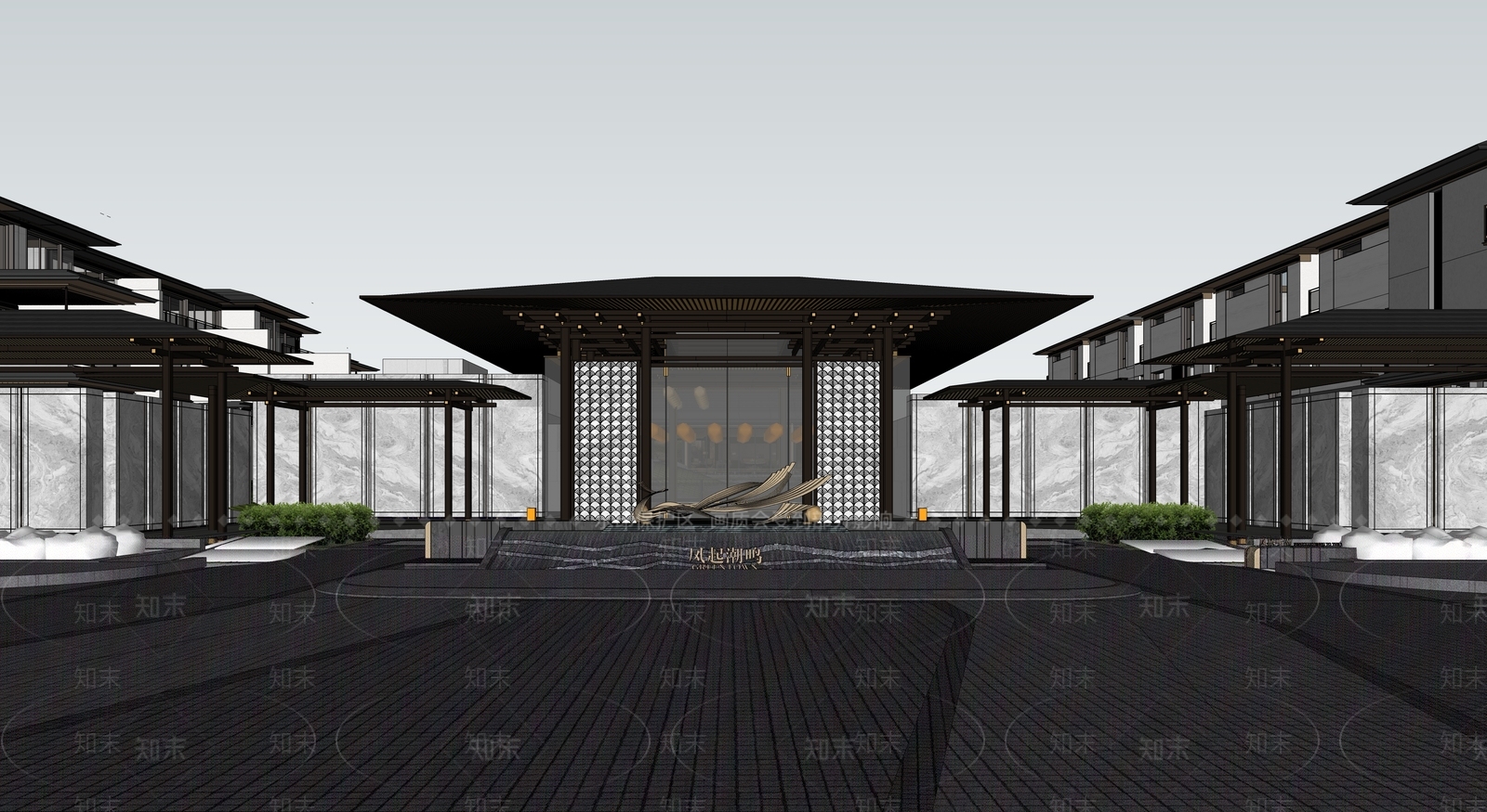 新中式景观售楼处建筑SU模型下载【ID:1228564646】