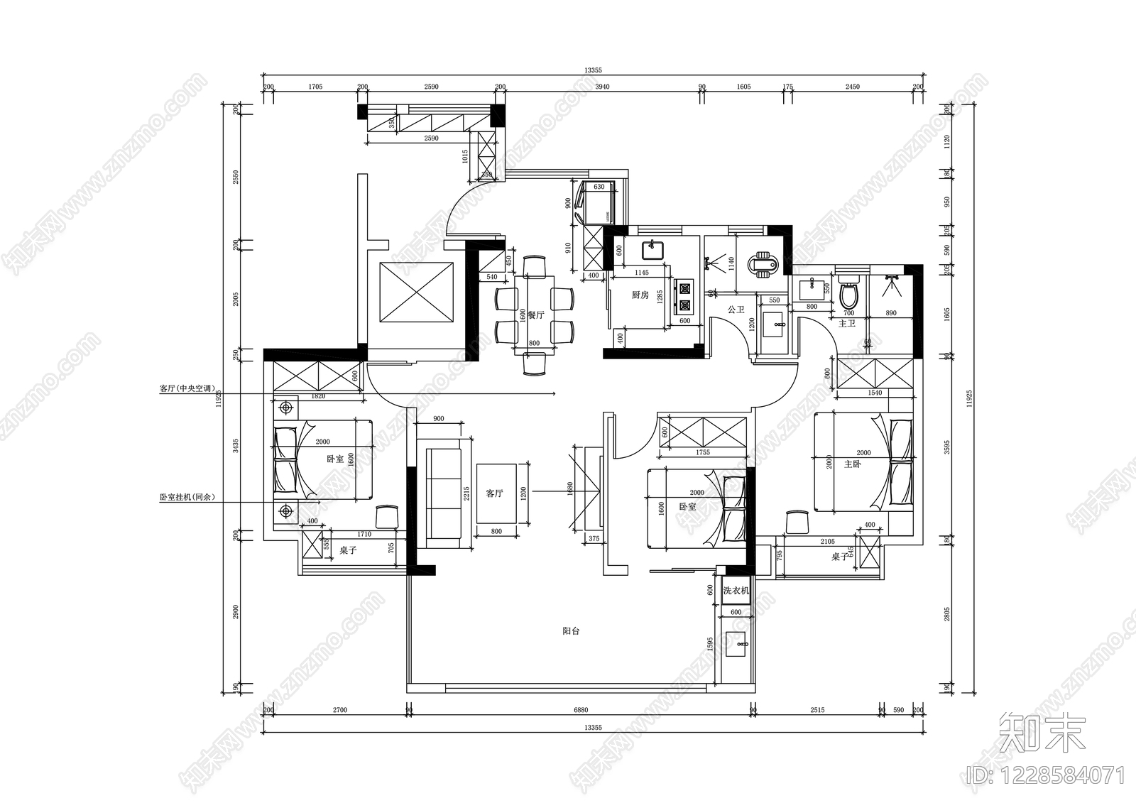 小户型平层cad施工图下载【ID:1228584071】