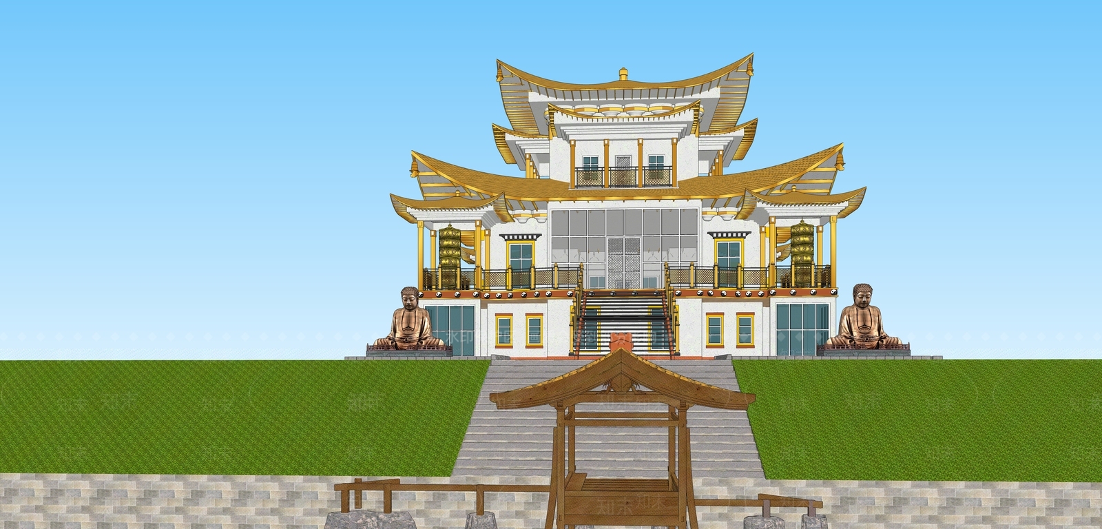 中式古建寺庙建筑SU模型下载【ID:1228709804】