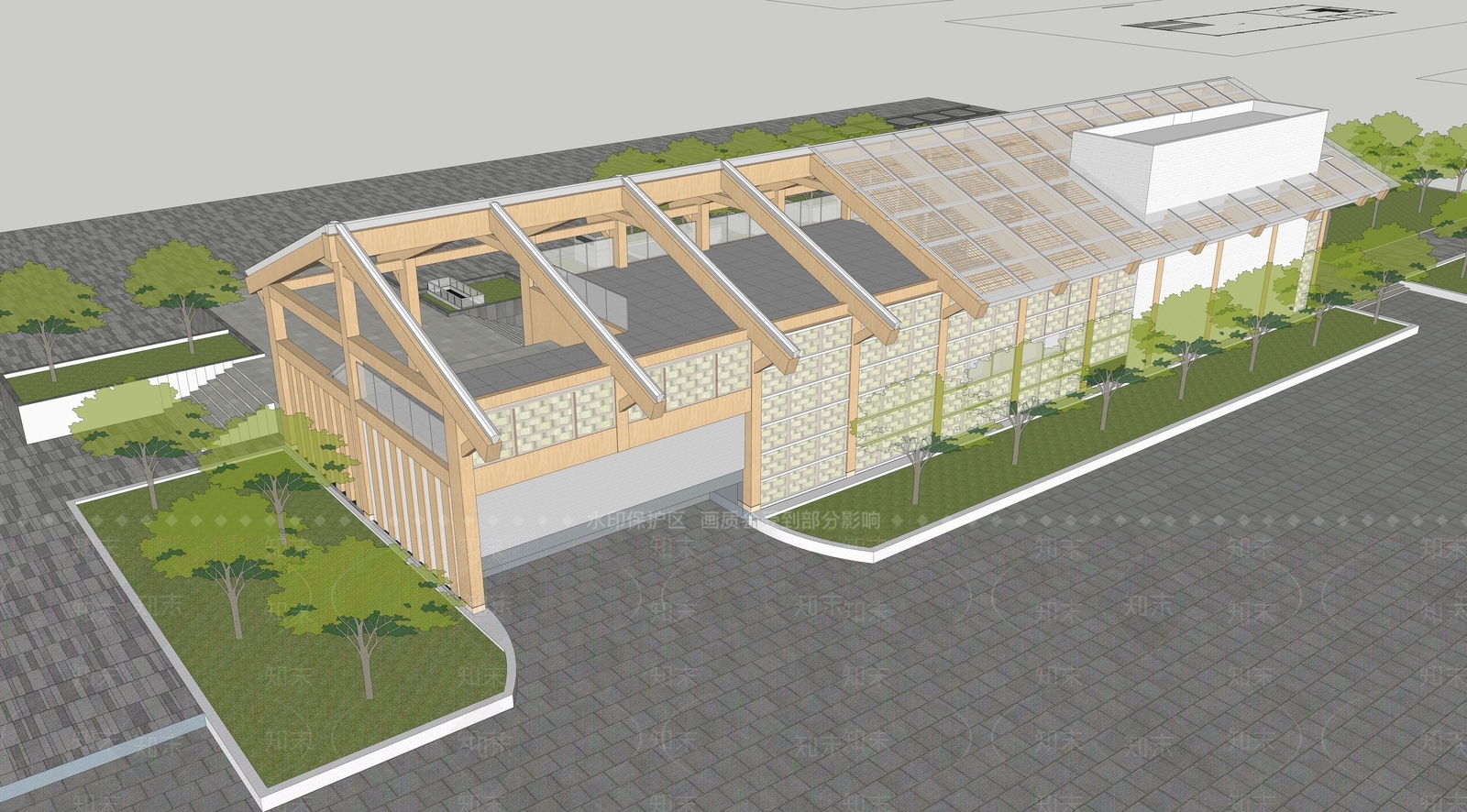 新中式景观展览馆建筑SU模型下载【ID:1228742653】