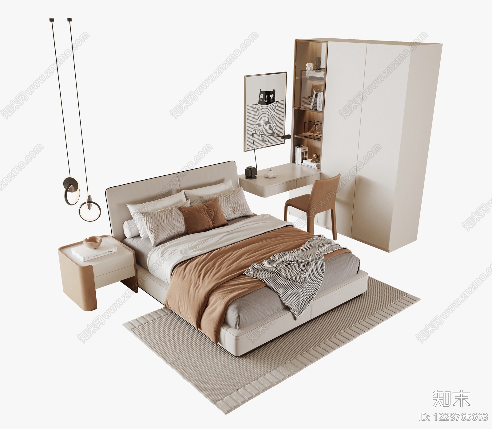 奶油风双人床3D模型下载【ID:1228765663】