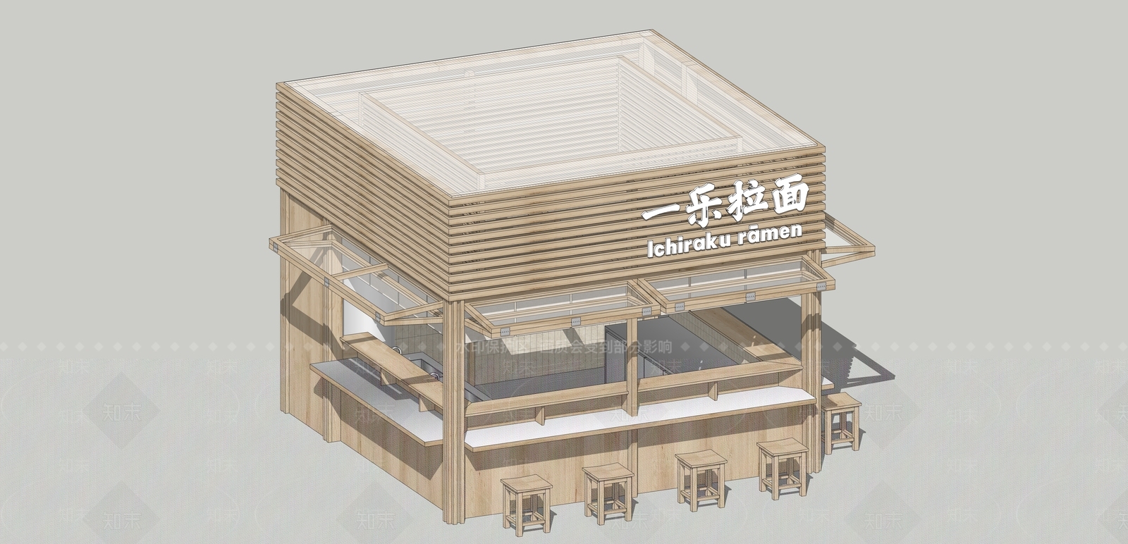 原木风面馆SU模型下载【ID:1228786806】