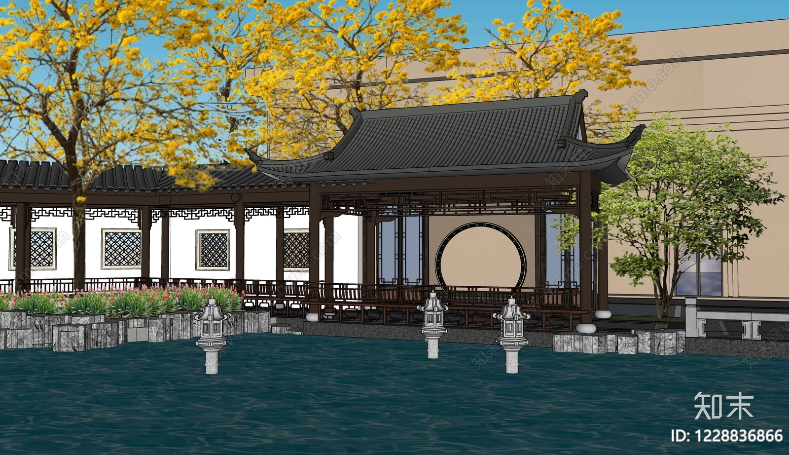 传统园林廊架SU模型下载【ID:1228836866】
