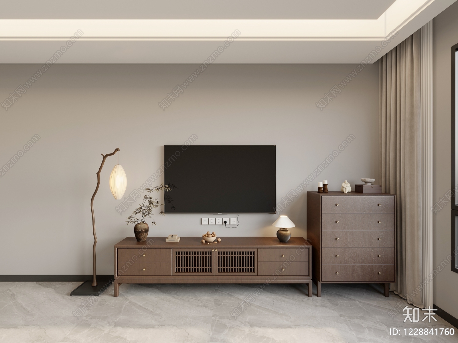 新中式电视柜SU模型下载【ID:1228841760】