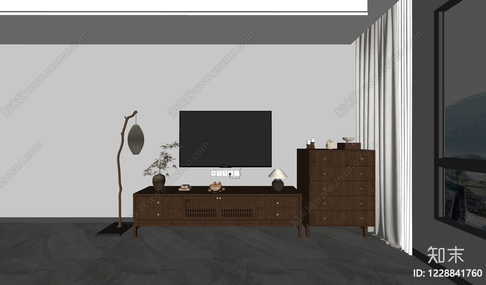 新中式电视柜SU模型下载【ID:1228841760】