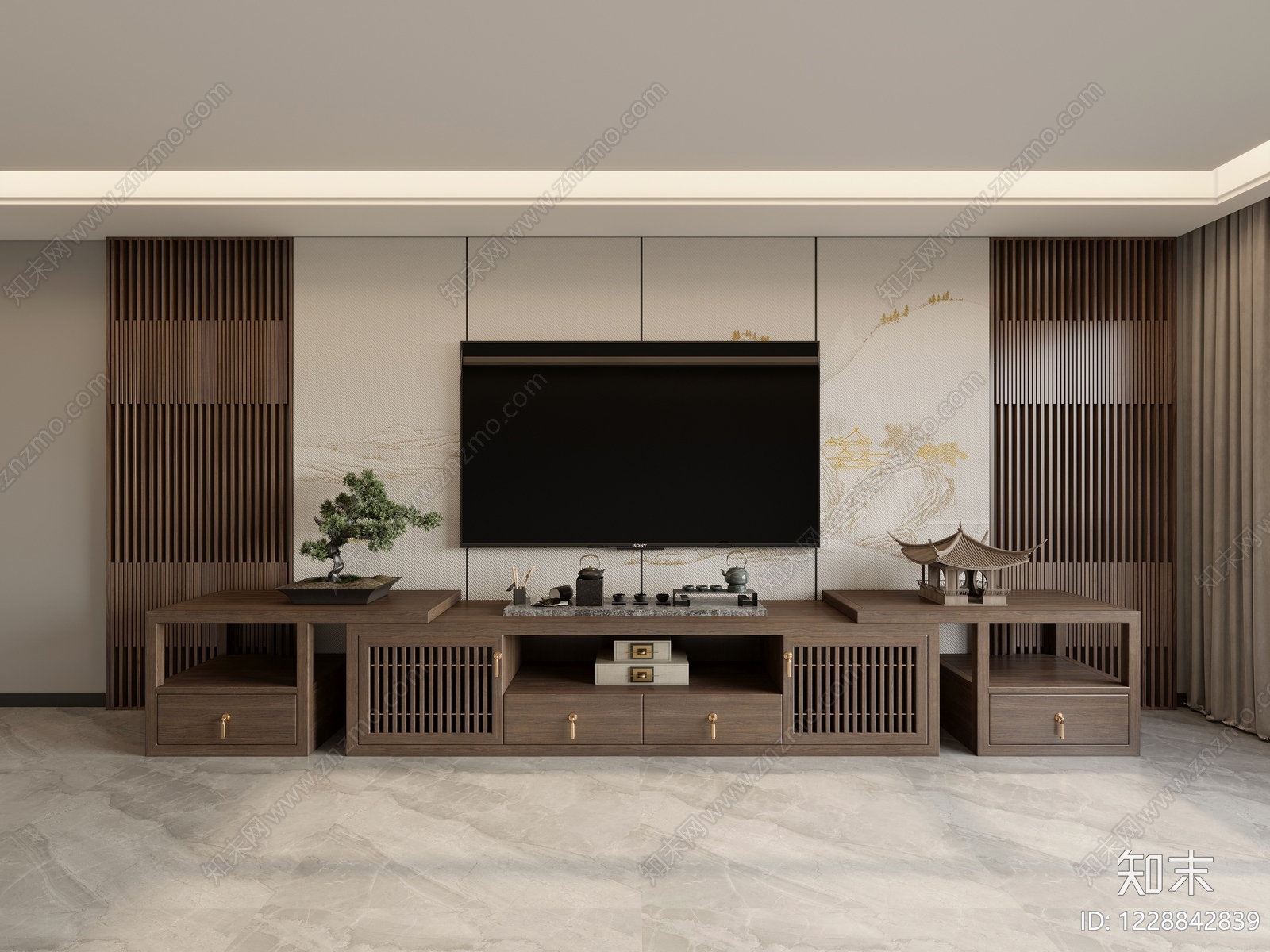 新中式电视柜SU模型下载【ID:1228842839】
