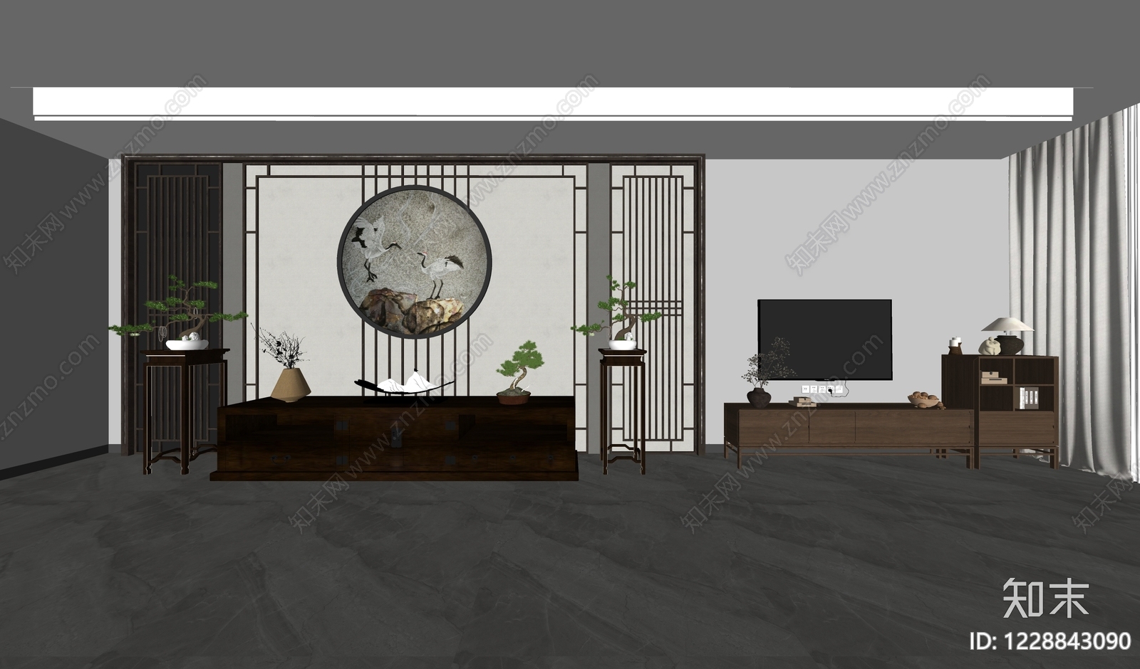 新中式电视柜SU模型下载【ID:1228843090】