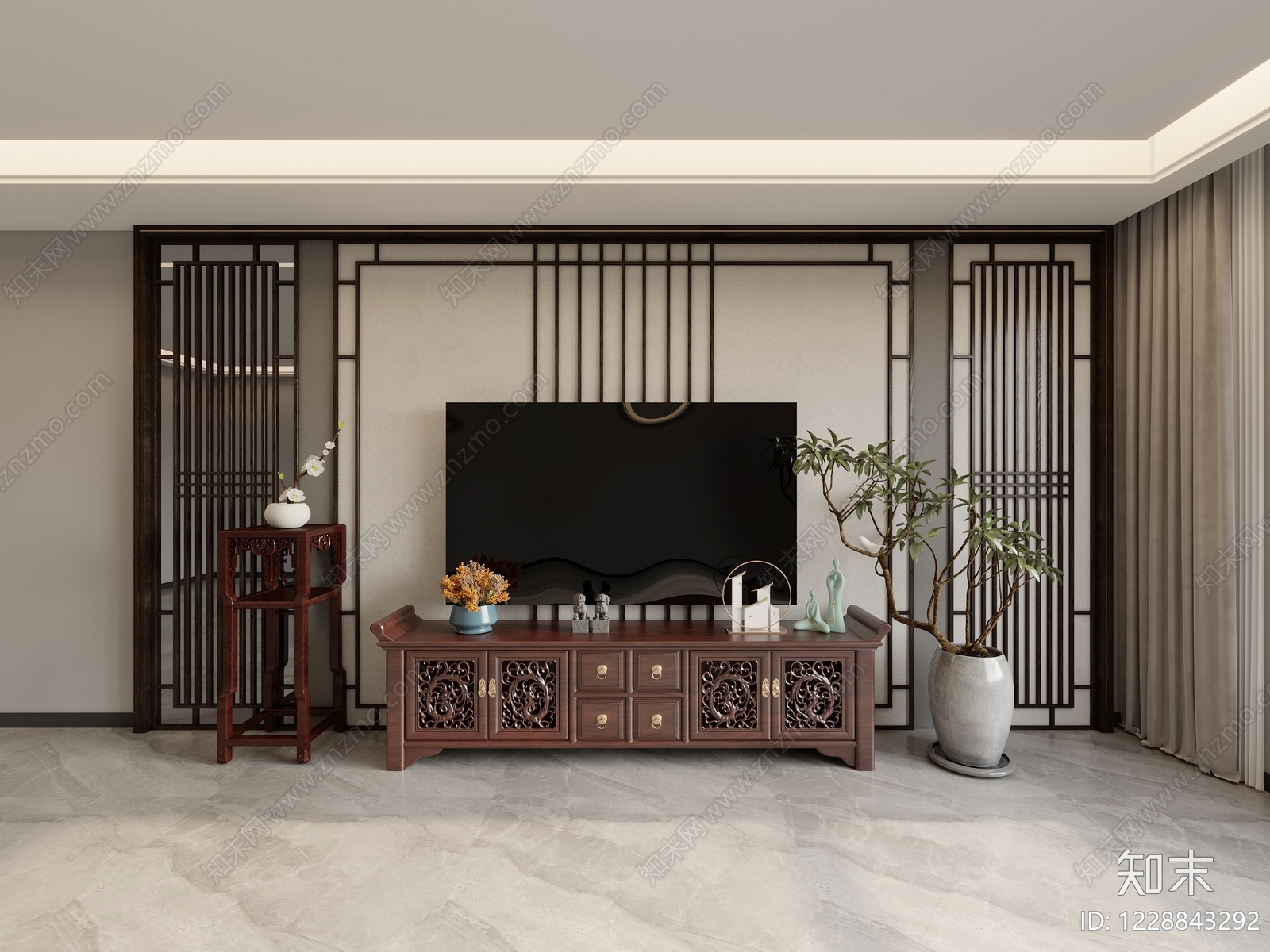 新中式电视柜SU模型下载【ID:1228843292】