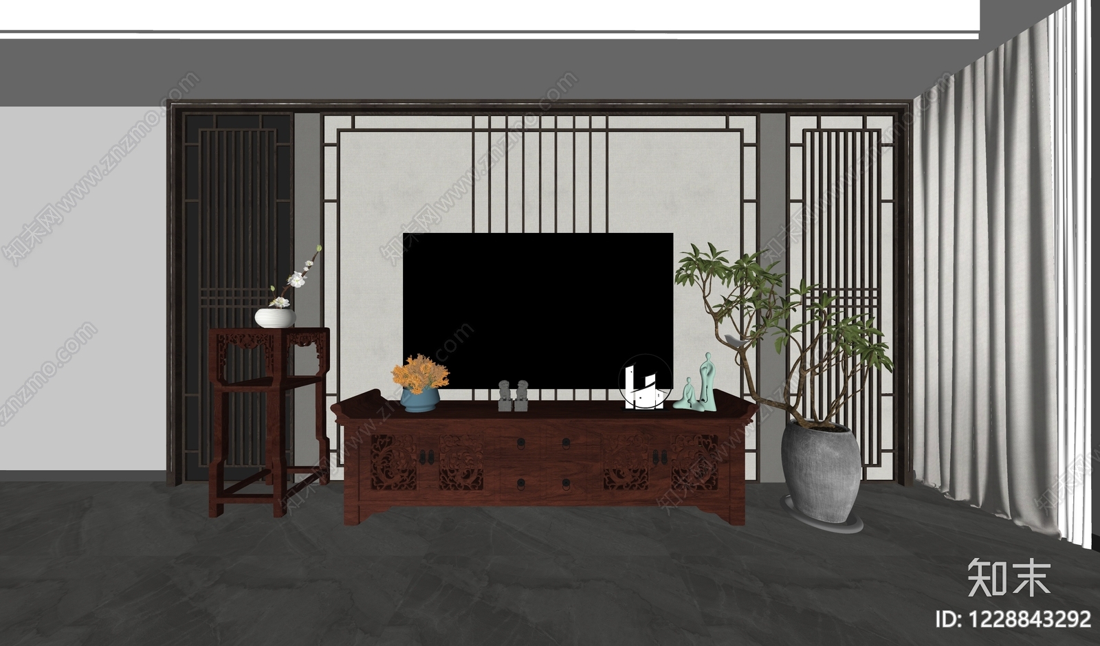 新中式电视柜SU模型下载【ID:1228843292】