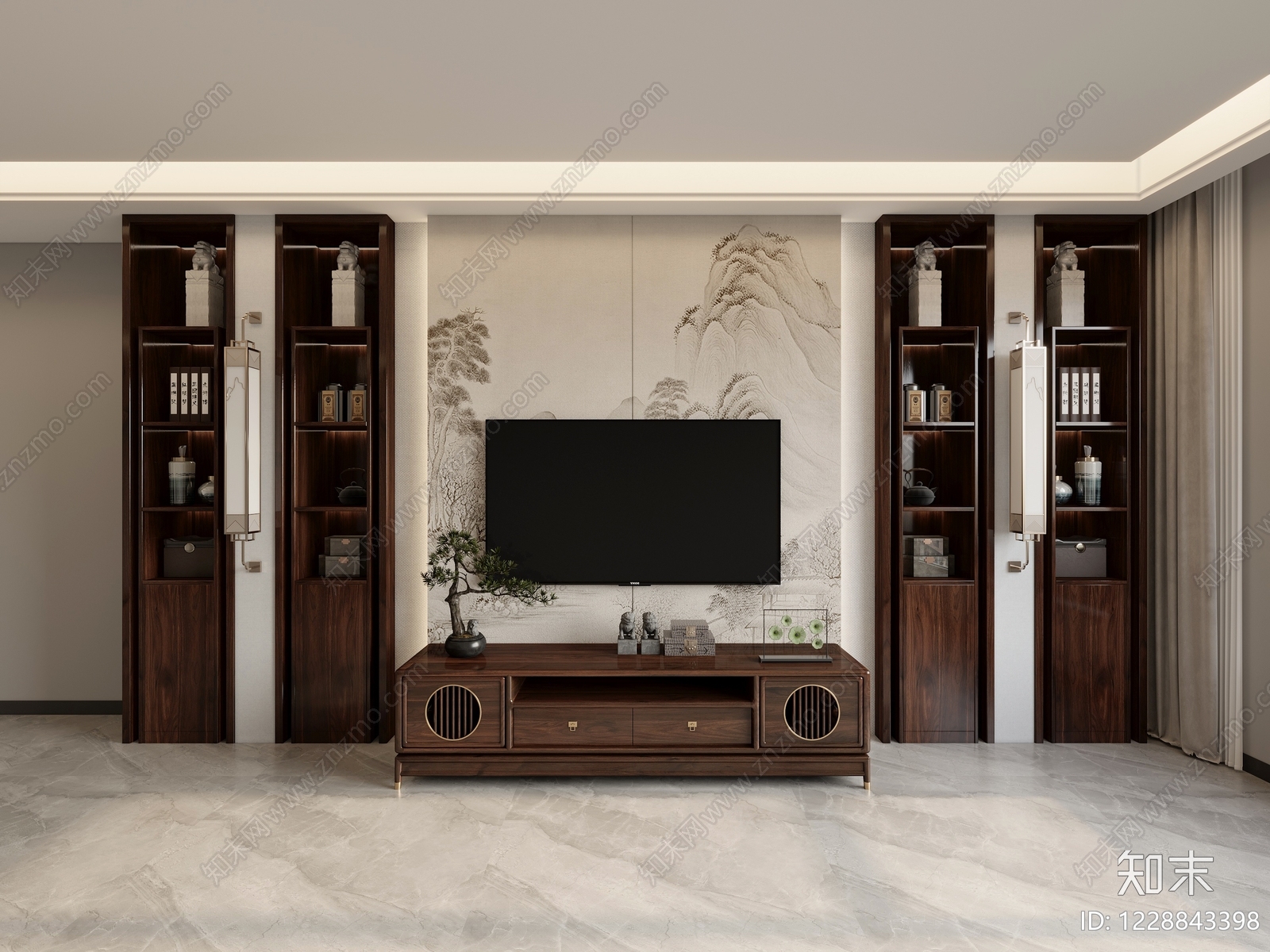 新中式电视柜SU模型下载【ID:1228843398】