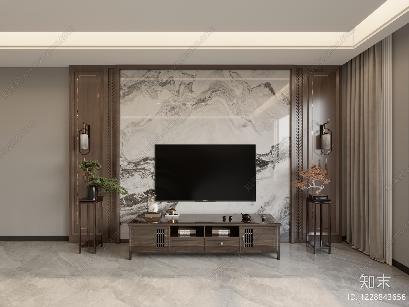 新中式电视柜SU模型下载【ID:1228843656】
