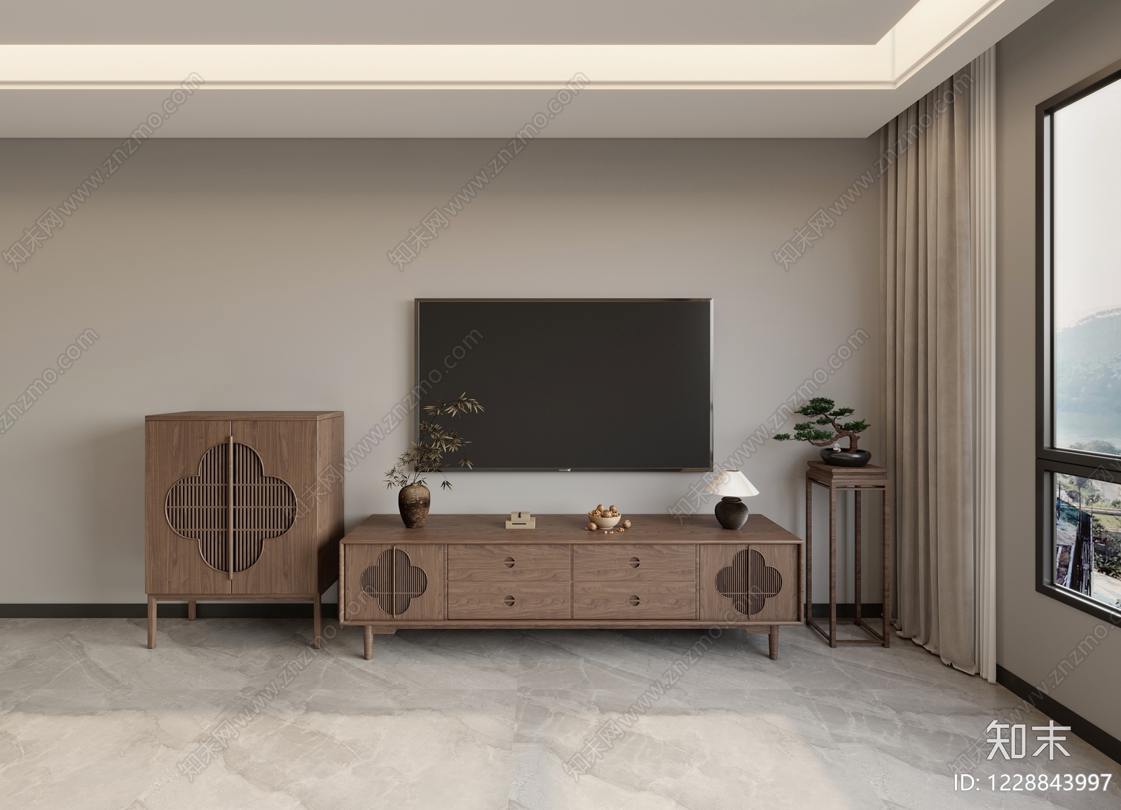 新中式电视柜SU模型下载【ID:1228843997】