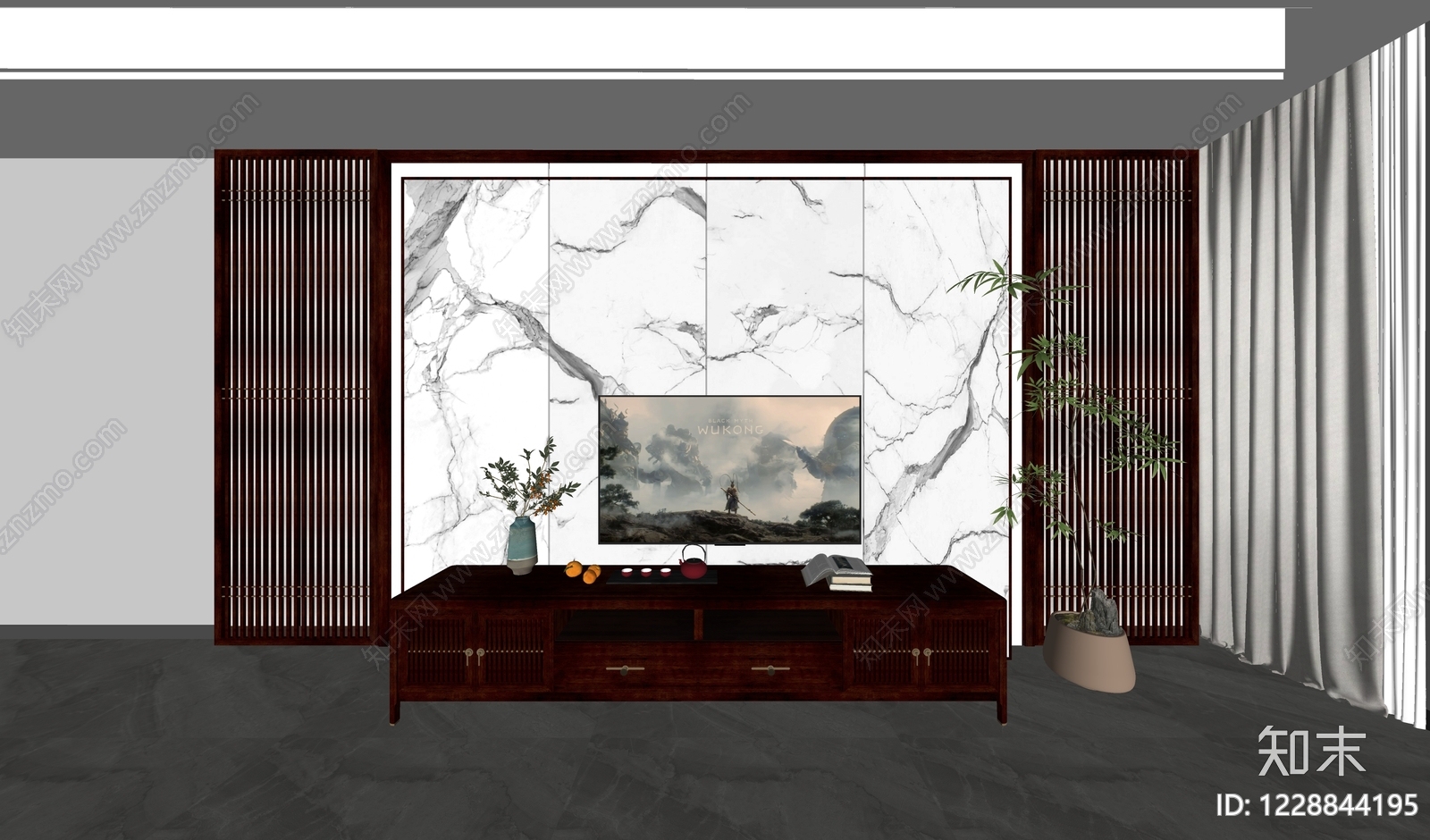 新中式电视柜SU模型下载【ID:1228844195】