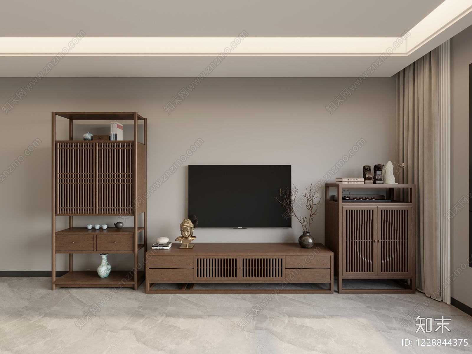 新中式电视柜SU模型下载【ID:1228844375】