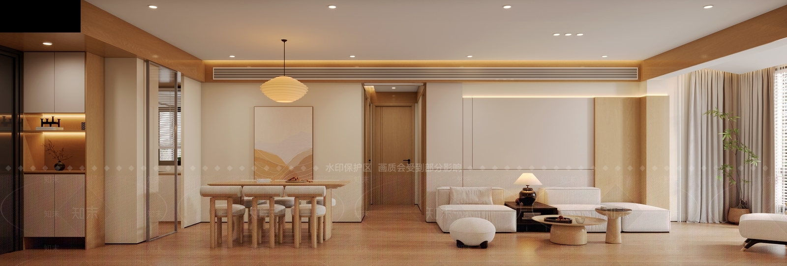 原木风大平层客餐厅3D模型下载【ID:1228848813】