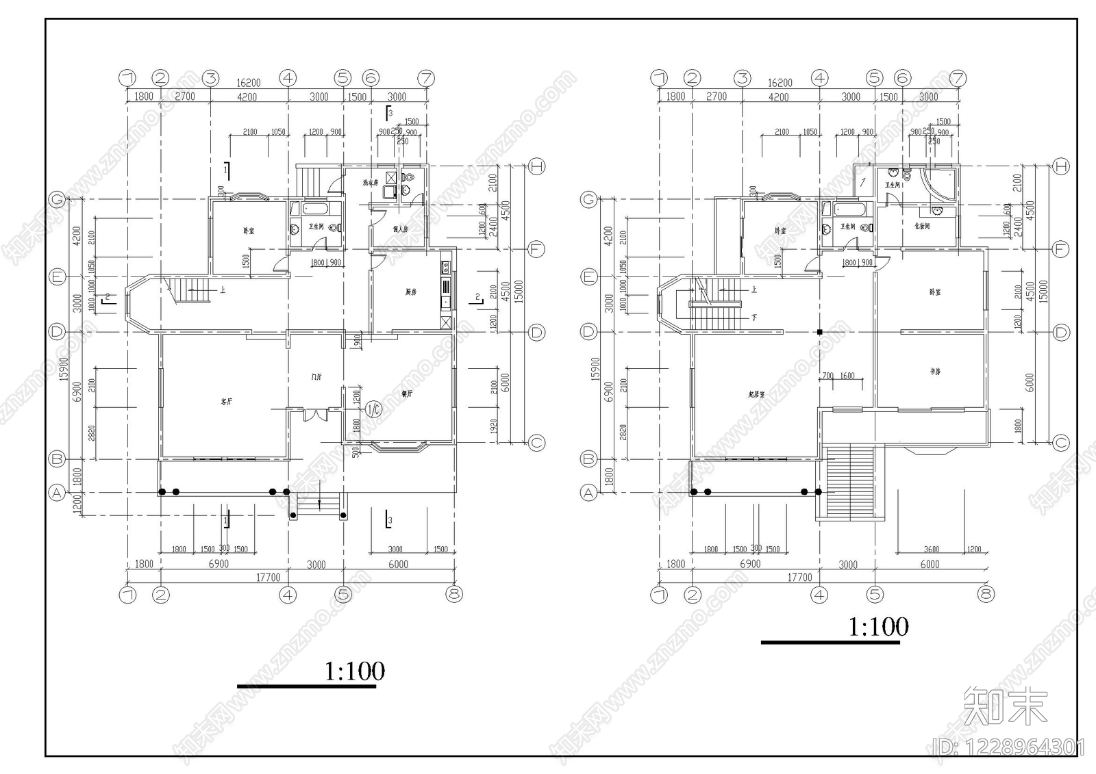 别墅建筑cad施工图下载【ID:1228964301】