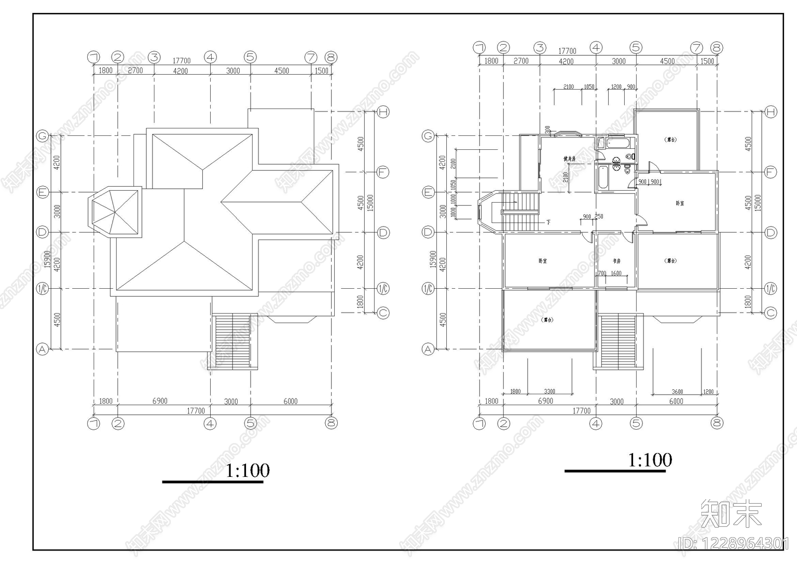 别墅建筑cad施工图下载【ID:1228964301】