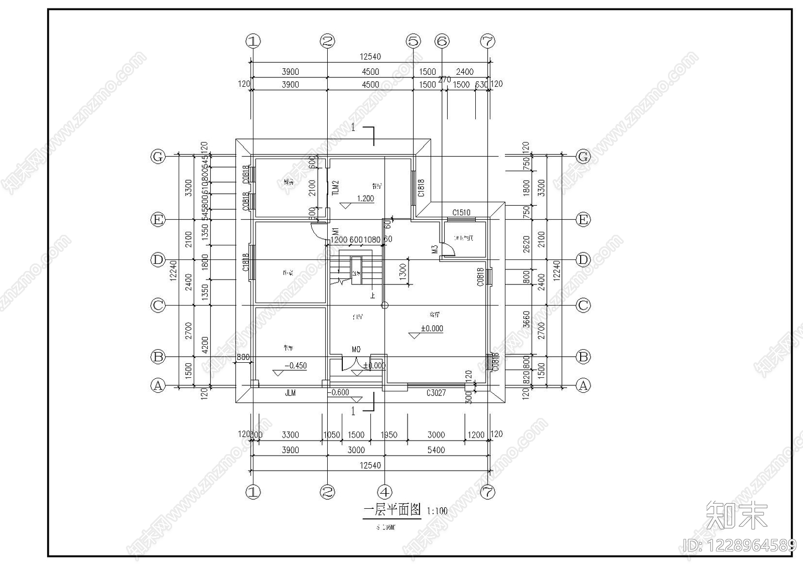 别墅建筑cad施工图下载【ID:1228964589】